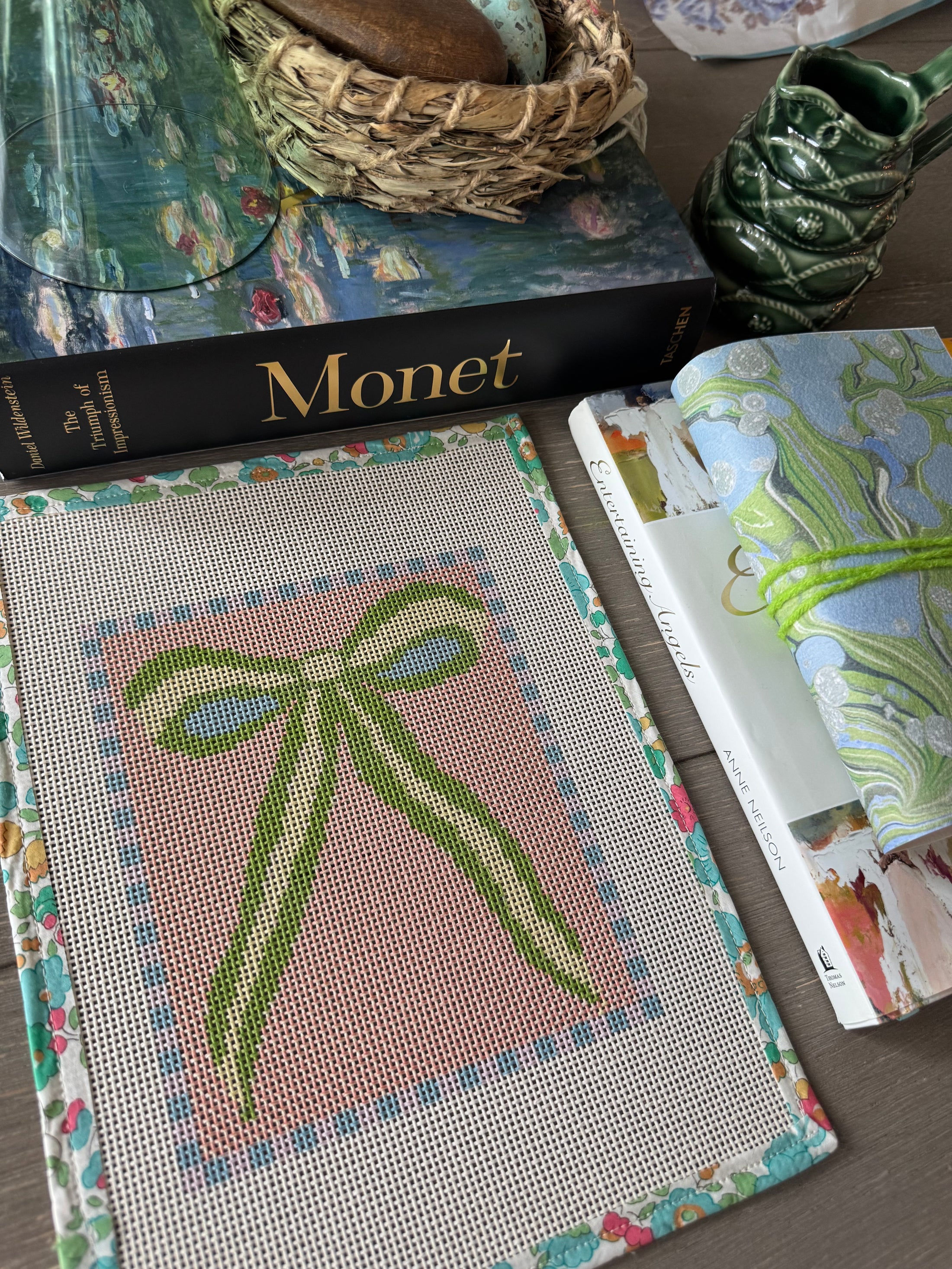 Green Peach Bow Needlepoint Canvas 13 Bow Zweigart Mono Deluxe Mesh Embroidery with finished Liberty of London fabric on the edges SALE