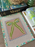 Load image into Gallery viewer, Green Peach Bow Needlepoint Canvas 13 Bow Zweigart Mono Deluxe Mesh Embroidery with finished Liberty of London fabric on the edges SALE
