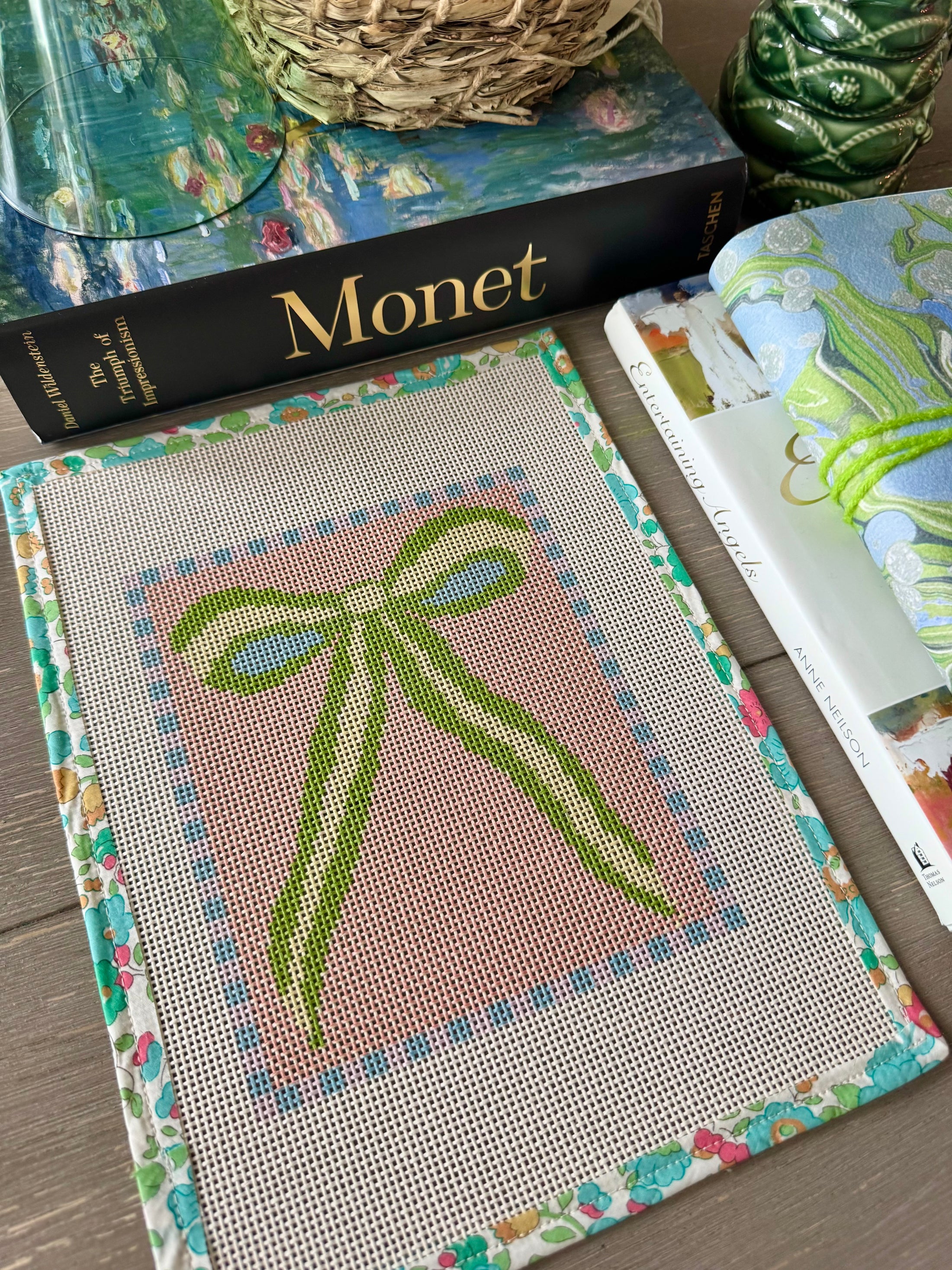 Green Peach Bow Needlepoint Canvas 13 Bow Zweigart Mono Deluxe Mesh Embroidery with finished Liberty of London fabric on the edges SALE