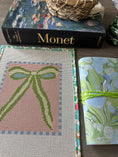 Load image into Gallery viewer, Green Peach Bow Needlepoint Canvas 13 Bow Zweigart Mono Deluxe Mesh Embroidery with finished Liberty of London fabric on the edges SALE
