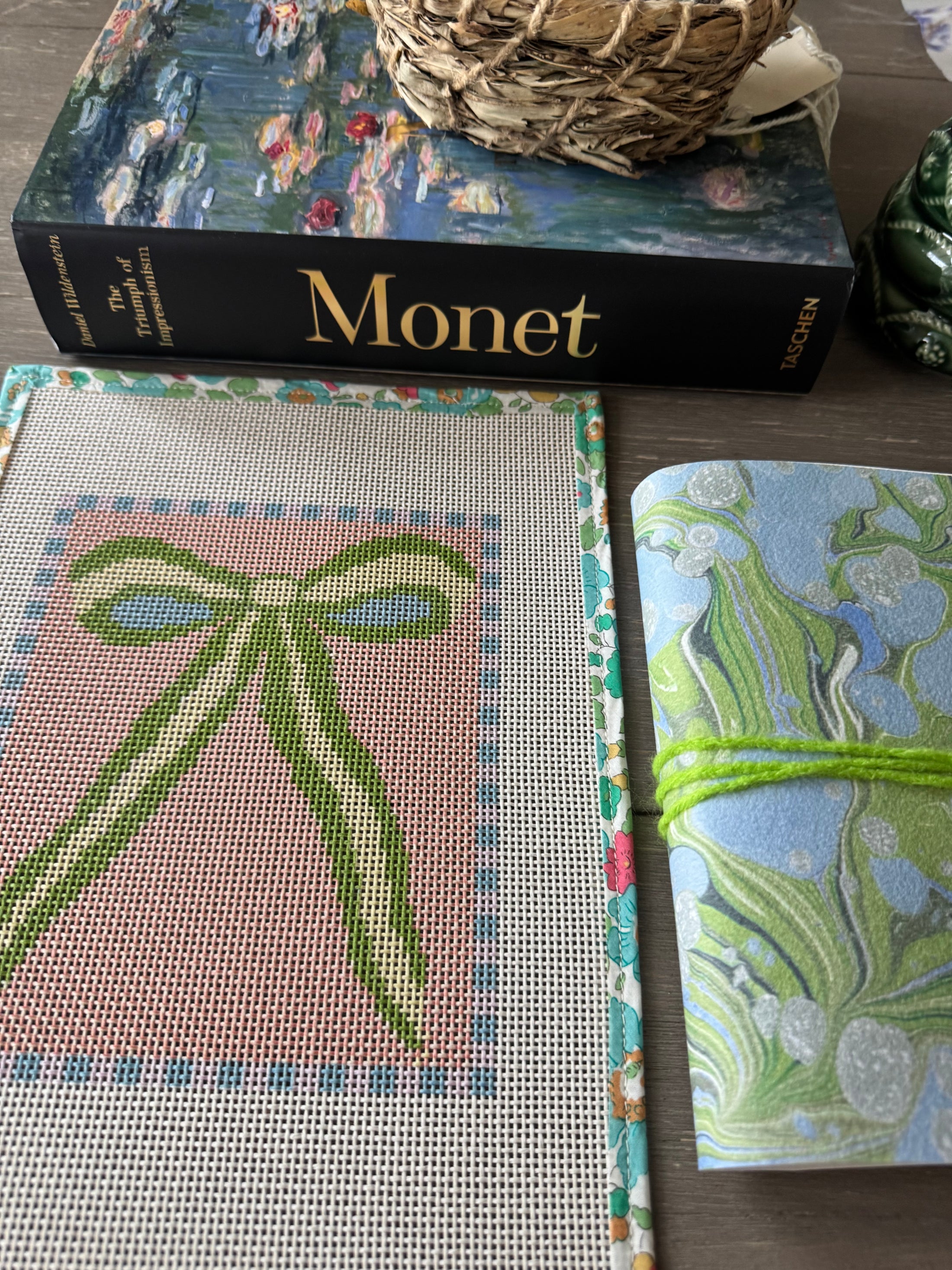 Green Peach Bow Needlepoint Canvas 13 Bow Zweigart Mono Deluxe Mesh Embroidery with finished Liberty of London fabric on the edges SALE