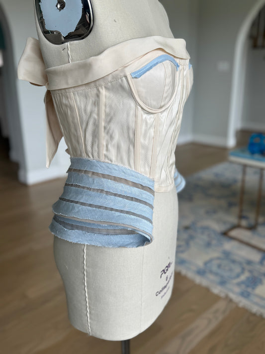 Gypsy Blue White Corset Textile Embroidered Art Handmade