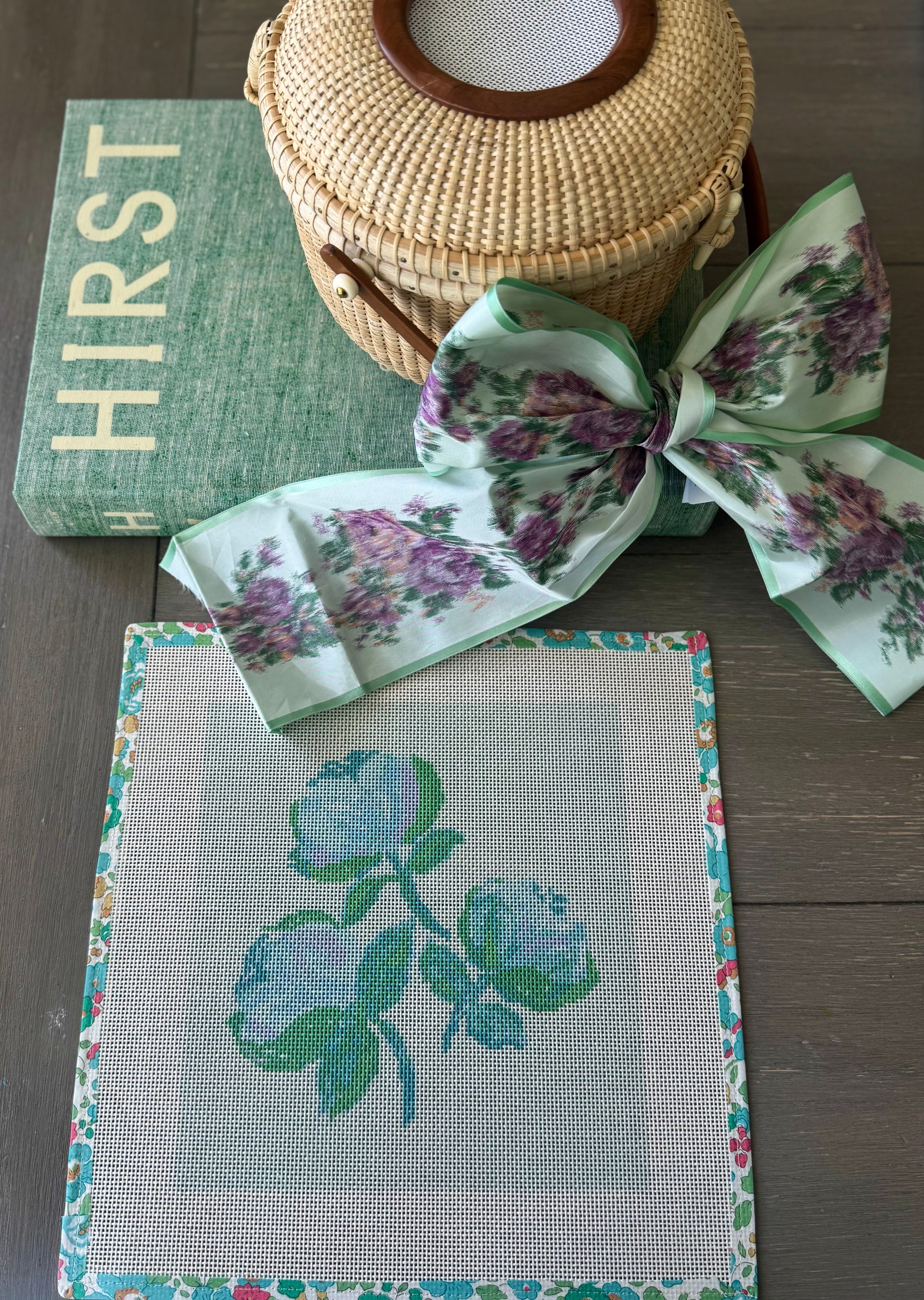 Needlepoint Canvas on 13 Roses Zweigart Mono Deluxe Mesh Embroidery with finished Liberty of London fabric on the edges