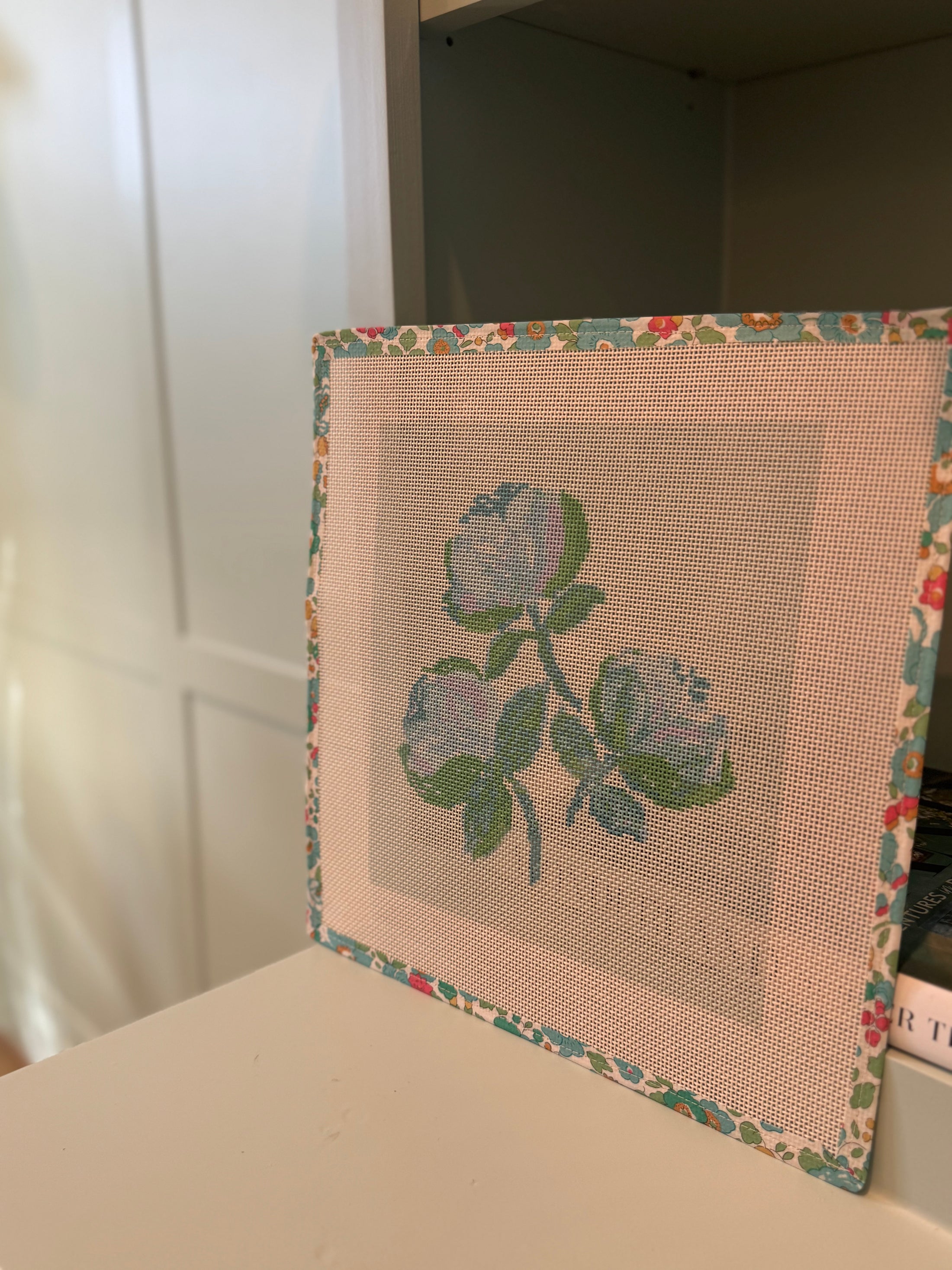 Needlepoint Canvas on 13 Roses Zweigart Mono Deluxe Mesh Embroidery with finished Liberty of London fabric on the edges