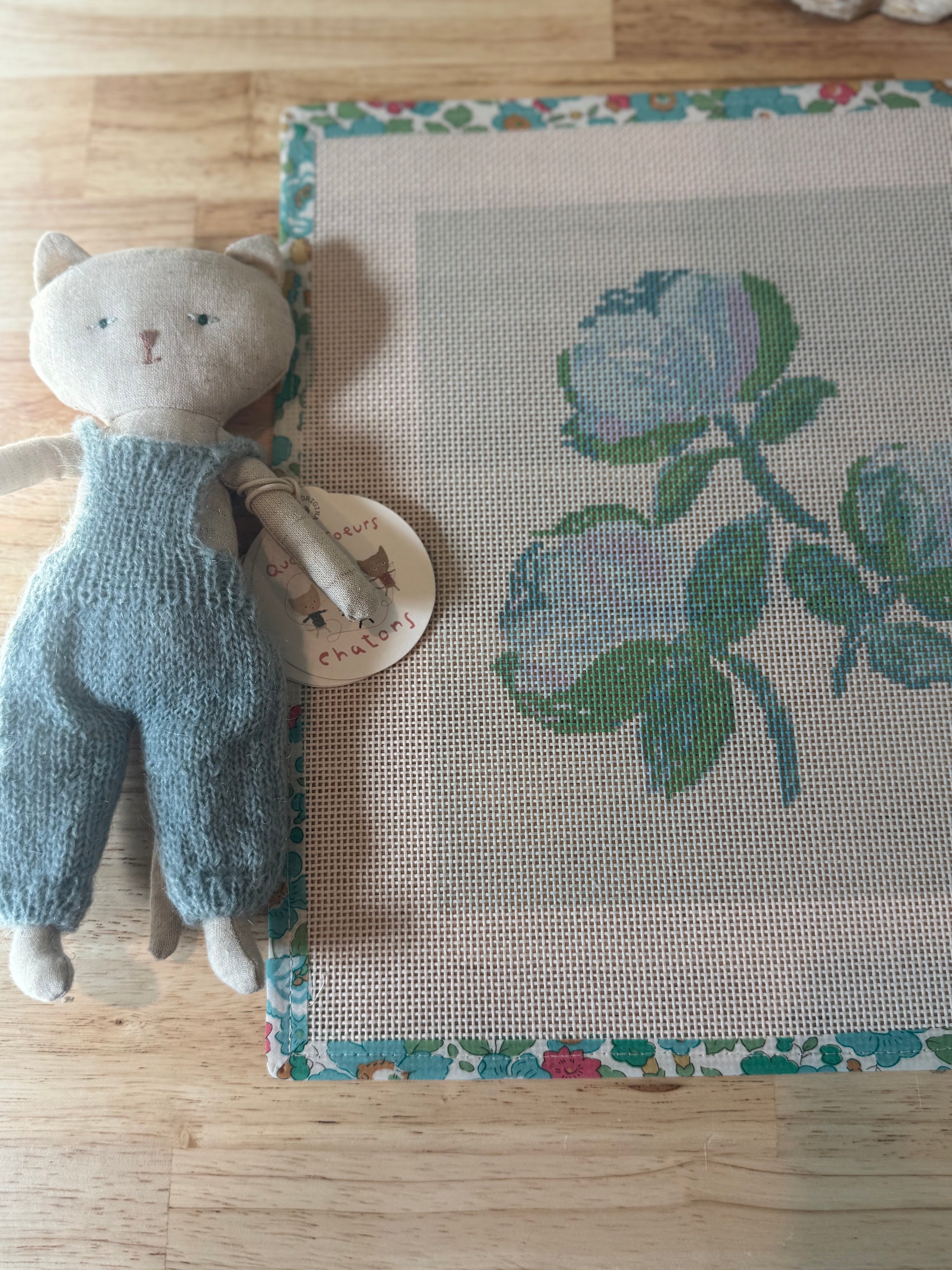 Needlepoint Canvas on 13 Roses Zweigart Mono Deluxe Mesh Embroidery with finished Liberty of London fabric on the edges