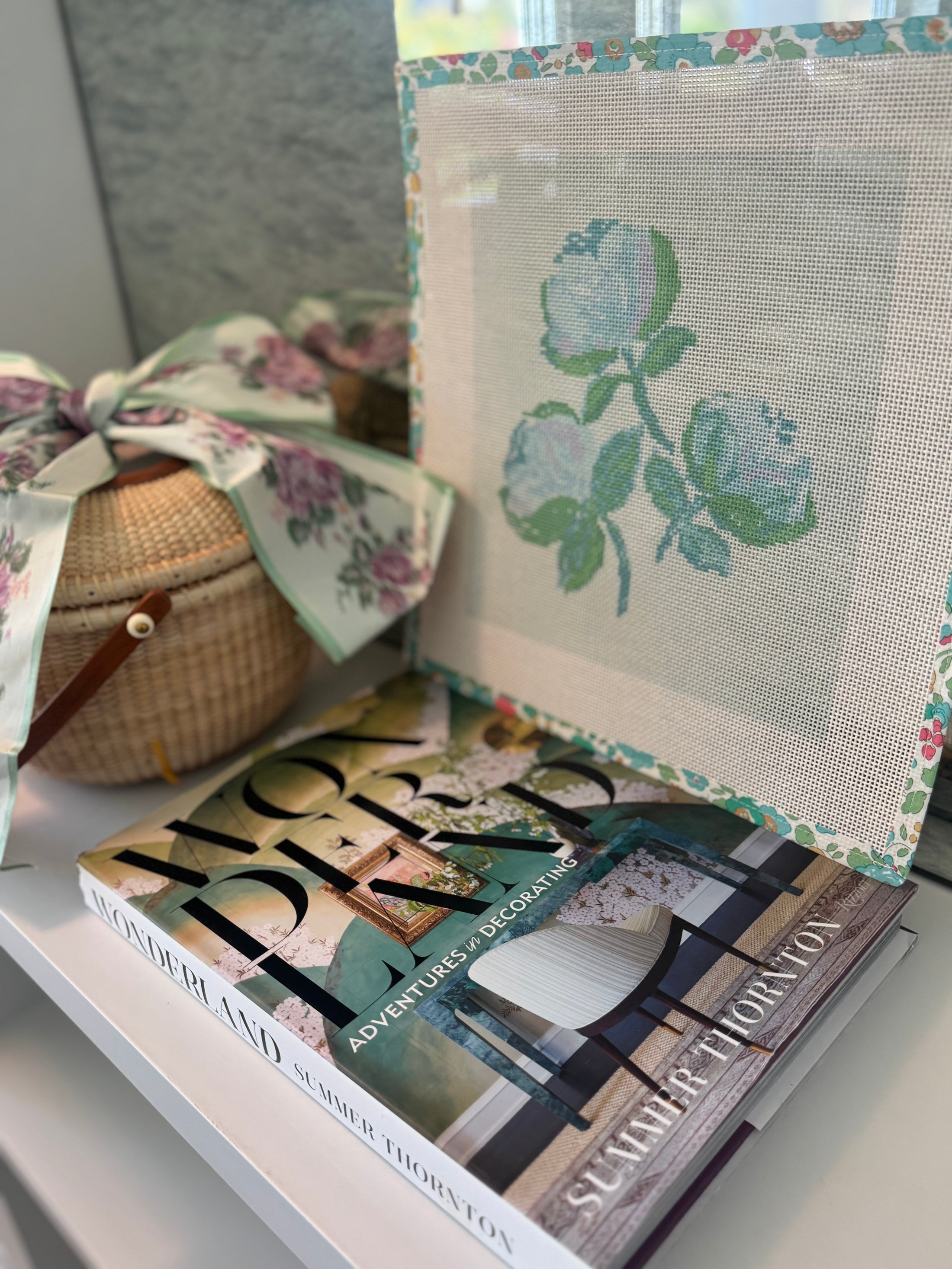 Needlepoint Canvas on 13 Roses Zweigart Mono Deluxe Mesh Embroidery with finished Liberty of London fabric on the edges