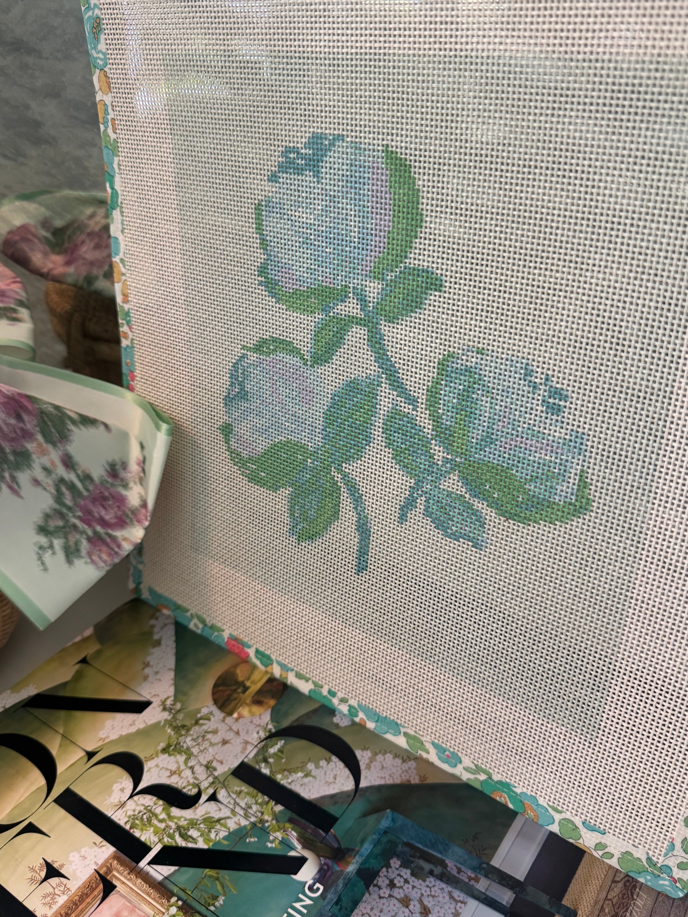 Needlepoint Canvas on 13 Roses Zweigart Mono Deluxe Mesh Embroidery with finished Liberty of London fabric on the edges