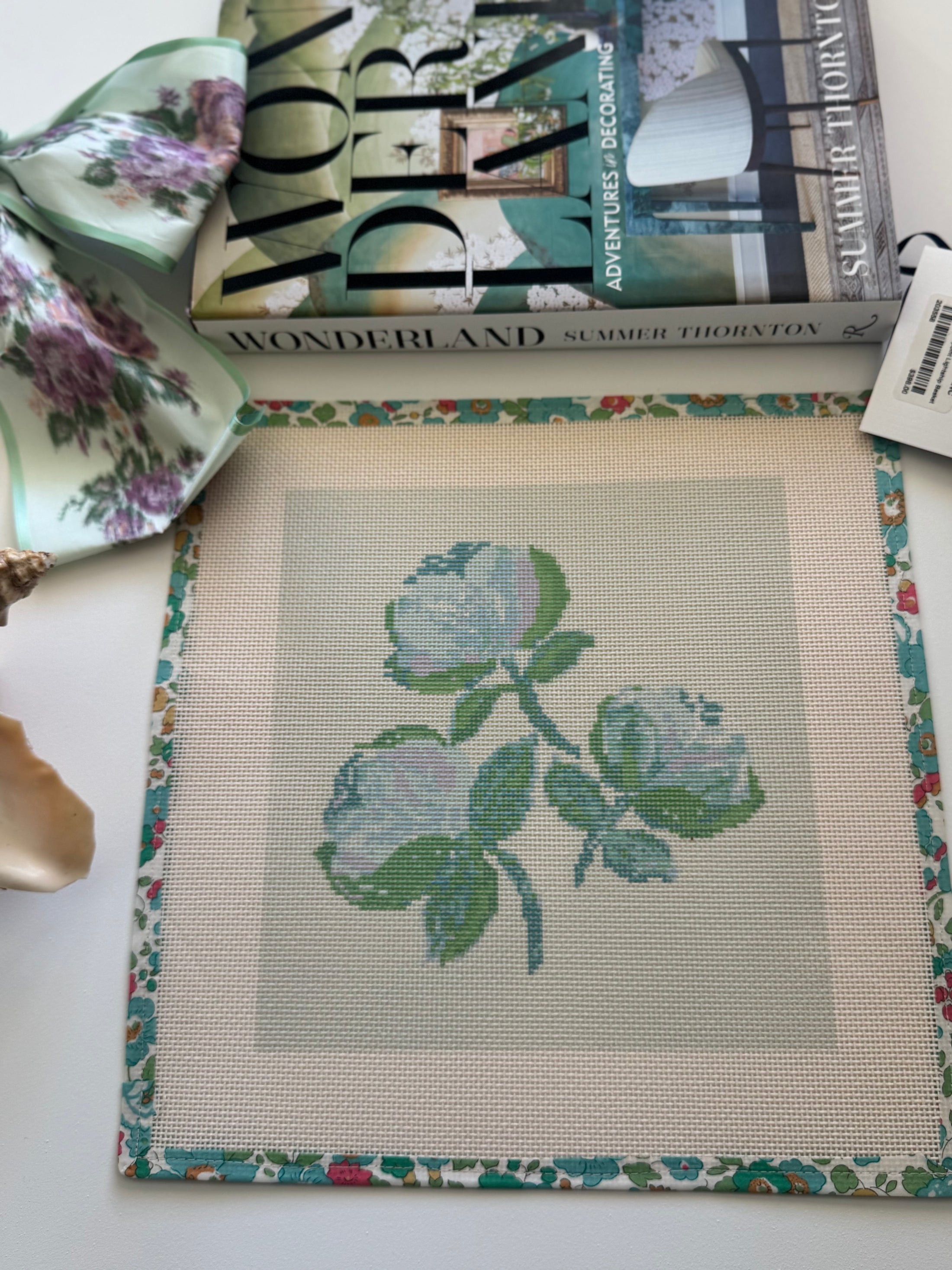 Needlepoint Canvas on 13 Roses Zweigart Mono Deluxe Mesh Embroidery with finished Liberty of London fabric on the edges