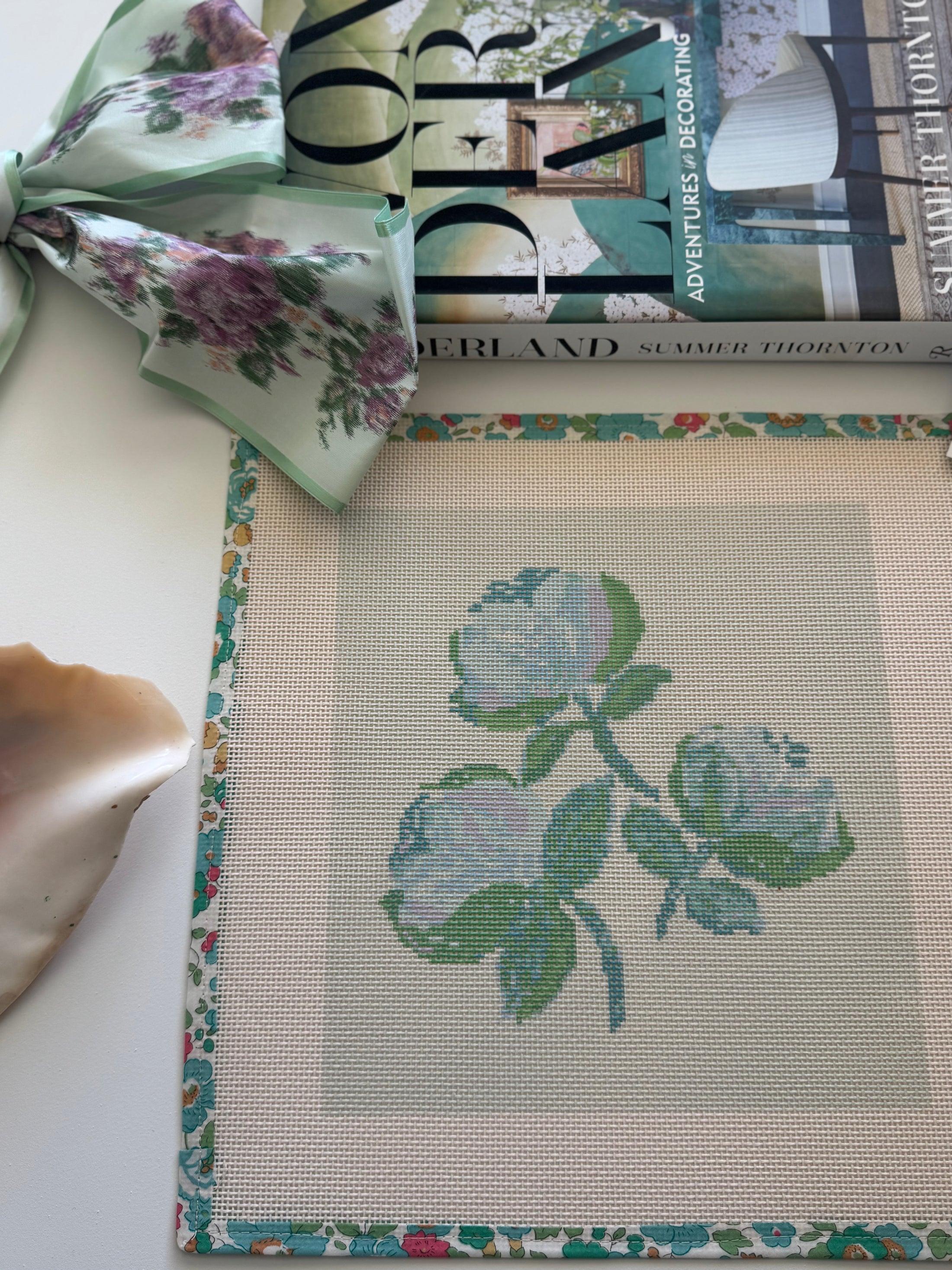 Needlepoint Canvas on 13 Roses Zweigart Mono Deluxe Mesh Embroidery with finished Liberty of London fabric on the edges