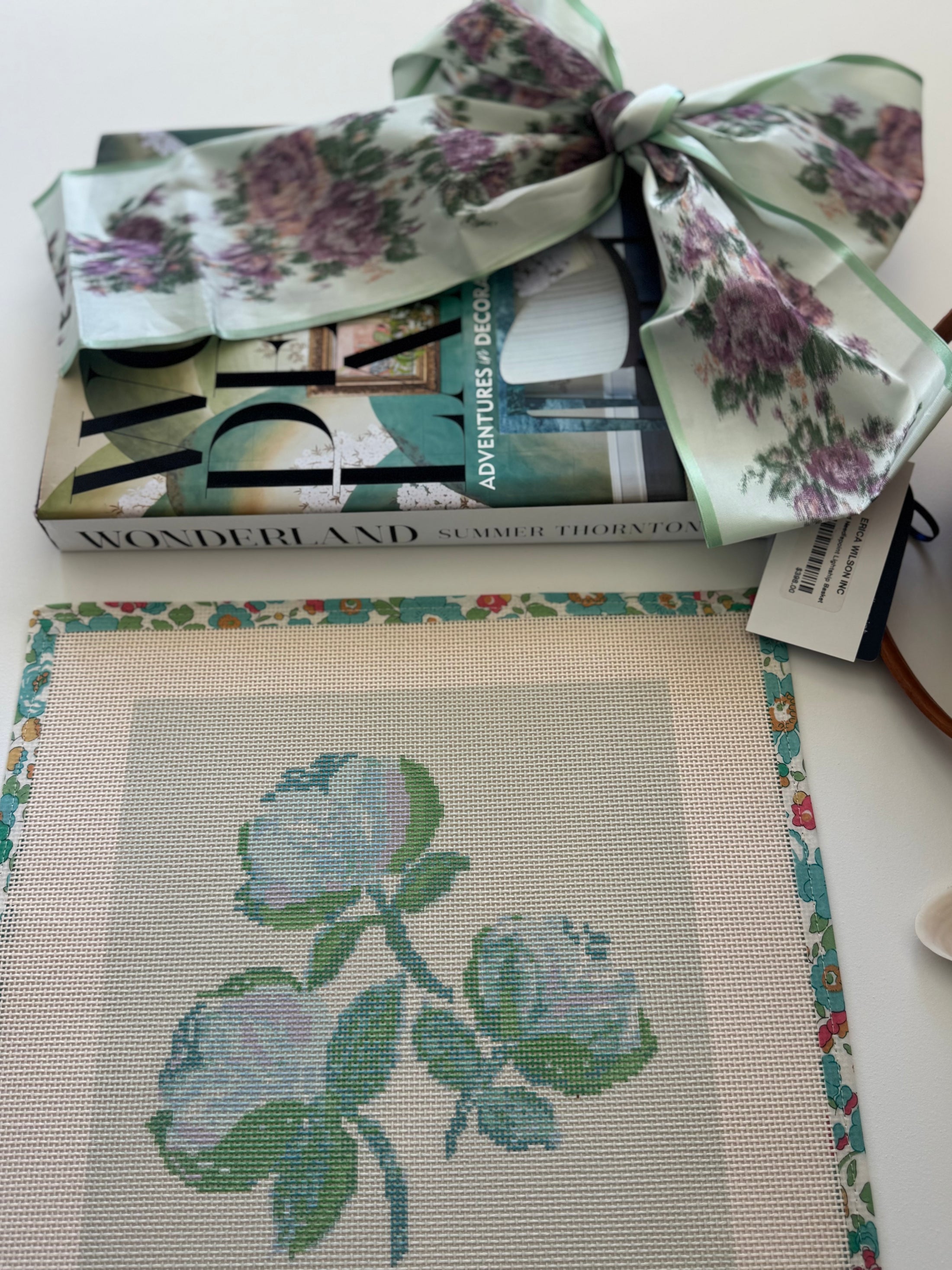 Needlepoint Canvas on 13 Roses Zweigart Mono Deluxe Mesh Embroidery with finished Liberty of London fabric on the edges