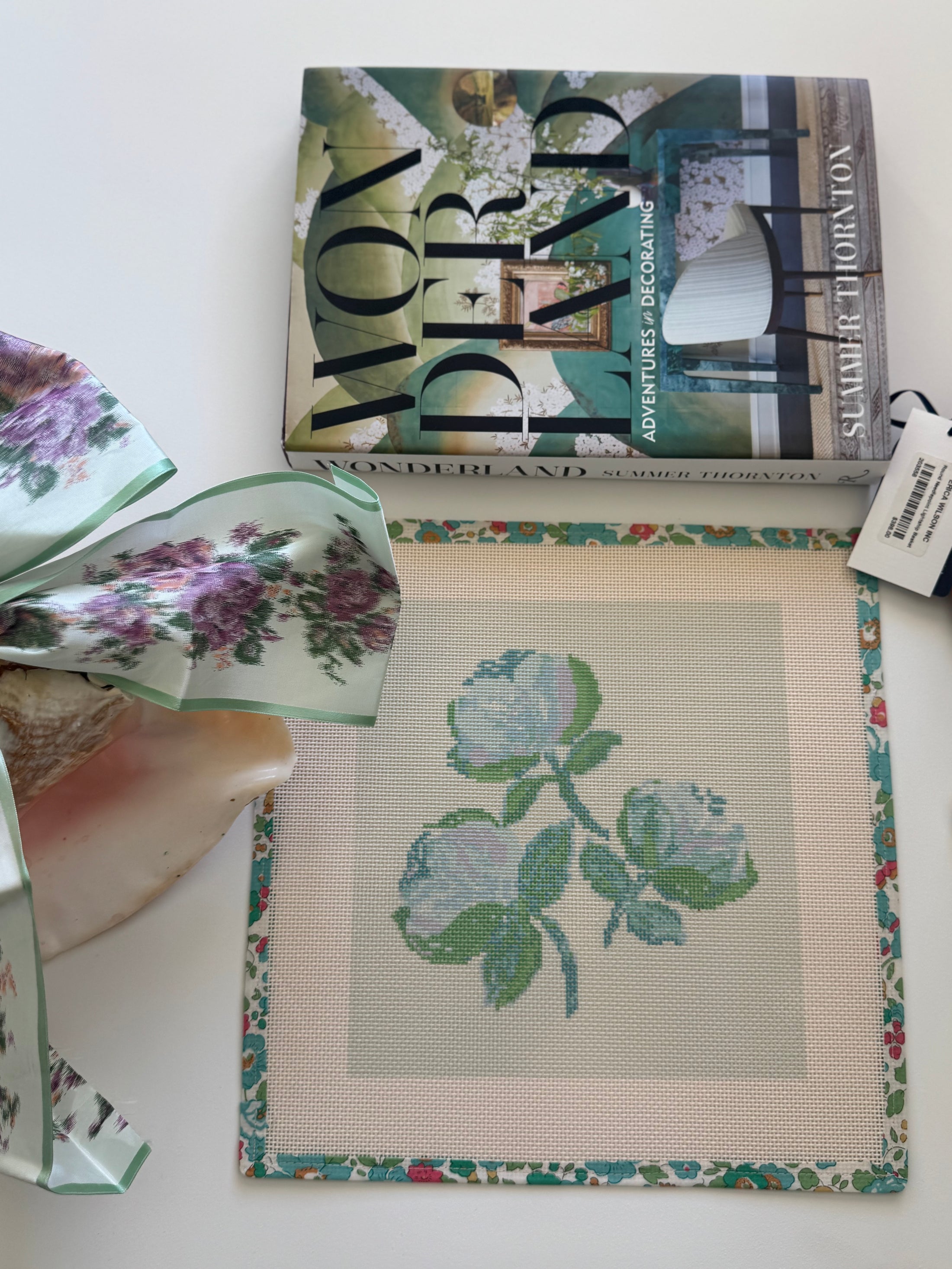 Needlepoint Canvas on 13 Roses Zweigart Mono Deluxe Mesh Embroidery with finished Liberty of London fabric on the edges