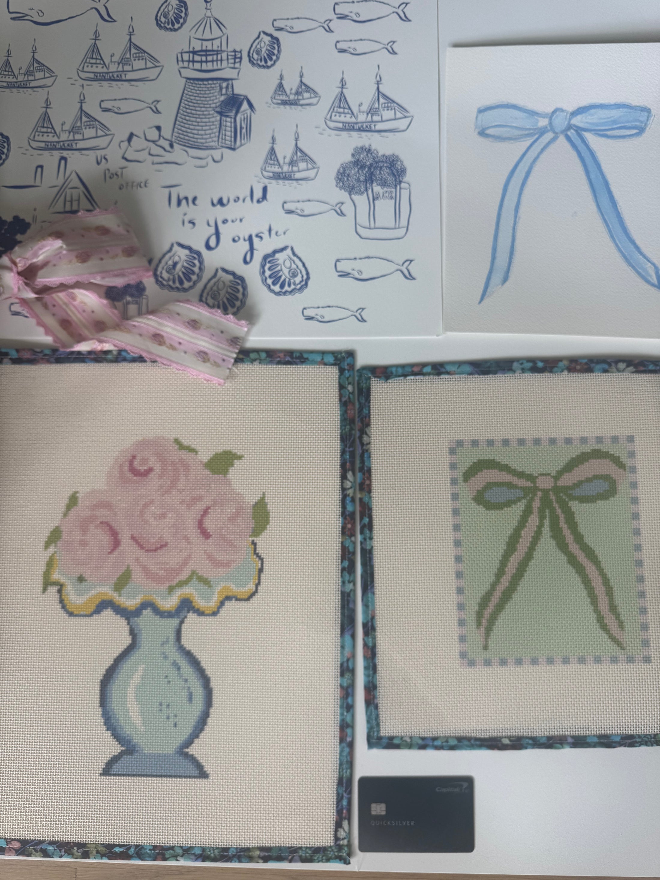 Mint Green and Pink Bow Needlepoint Canvas 13 Bow Zweigart Mono Deluxe Mesh Embroidery with finished Liberty of London fabric on the edges