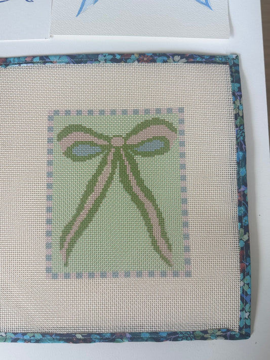 Mint Green and Pink Bow Needlepoint Canvas 13 Bow Zweigart Mono Deluxe Mesh Embroidery with finished Liberty of London fabric on the edges