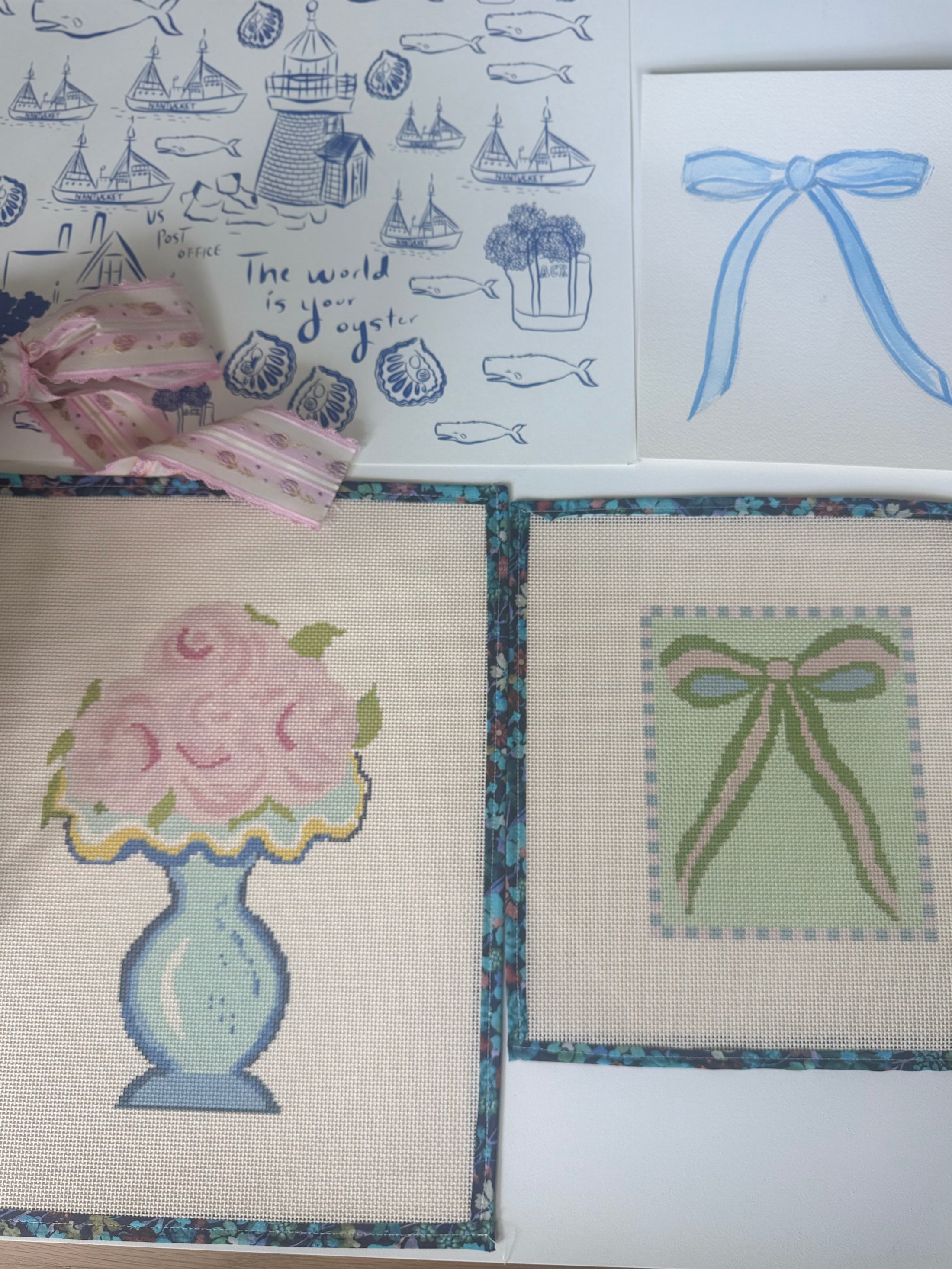 Mint Green and Pink Bow Needlepoint Canvas 13 Bow Zweigart Mono Deluxe Mesh Embroidery with finished Liberty of London fabric on the edges