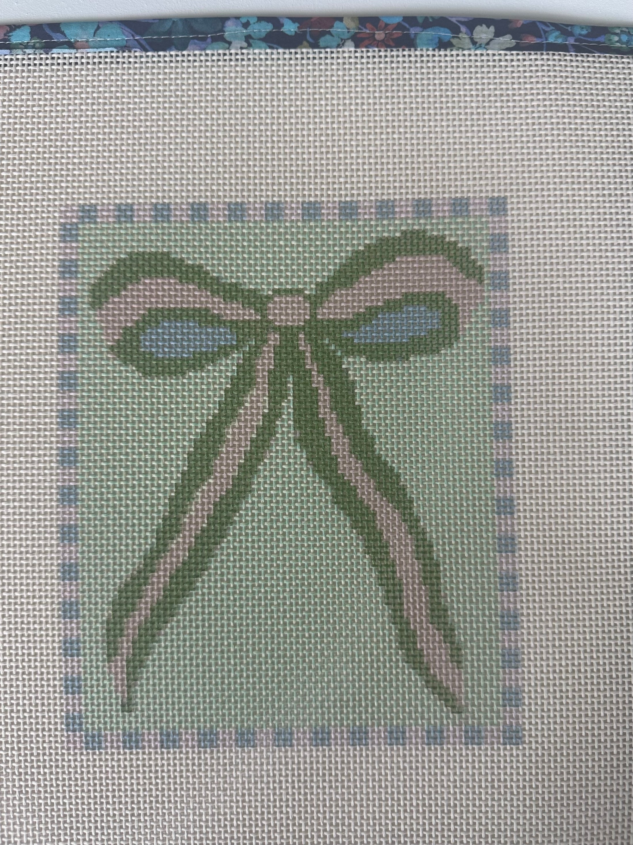 Mint Green and Pink Bow Needlepoint Canvas 13 Bow Zweigart Mono Deluxe Mesh Embroidery with finished Liberty of London fabric on the edges