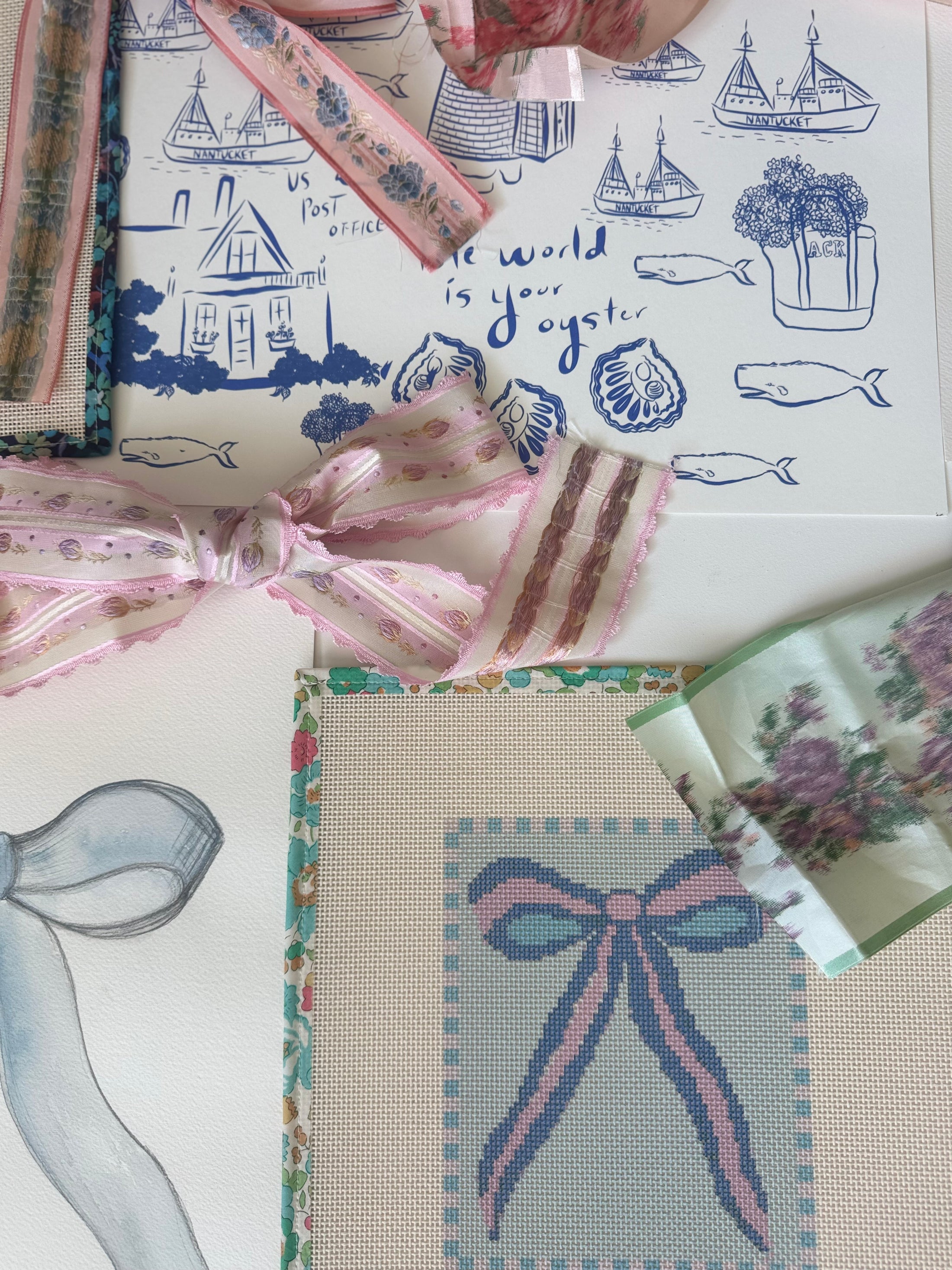 Blue and Pink Bow Needlepoint Canvas 13 Bow Zweigart Mono Deluxe Mesh Embroidery with finished Liberty of London fabric on the edges