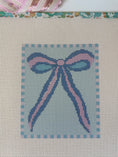 Load image into Gallery viewer, Blue and Pink Bow Needlepoint Canvas 13 Bow Zweigart Mono Deluxe Mesh Embroidery with finished Liberty of London fabric on the edges
