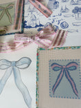 Load image into Gallery viewer, Blue and Pink Bow Needlepoint Canvas 13 Bow Zweigart Mono Deluxe Mesh Embroidery with finished Liberty of London fabric on the edges
