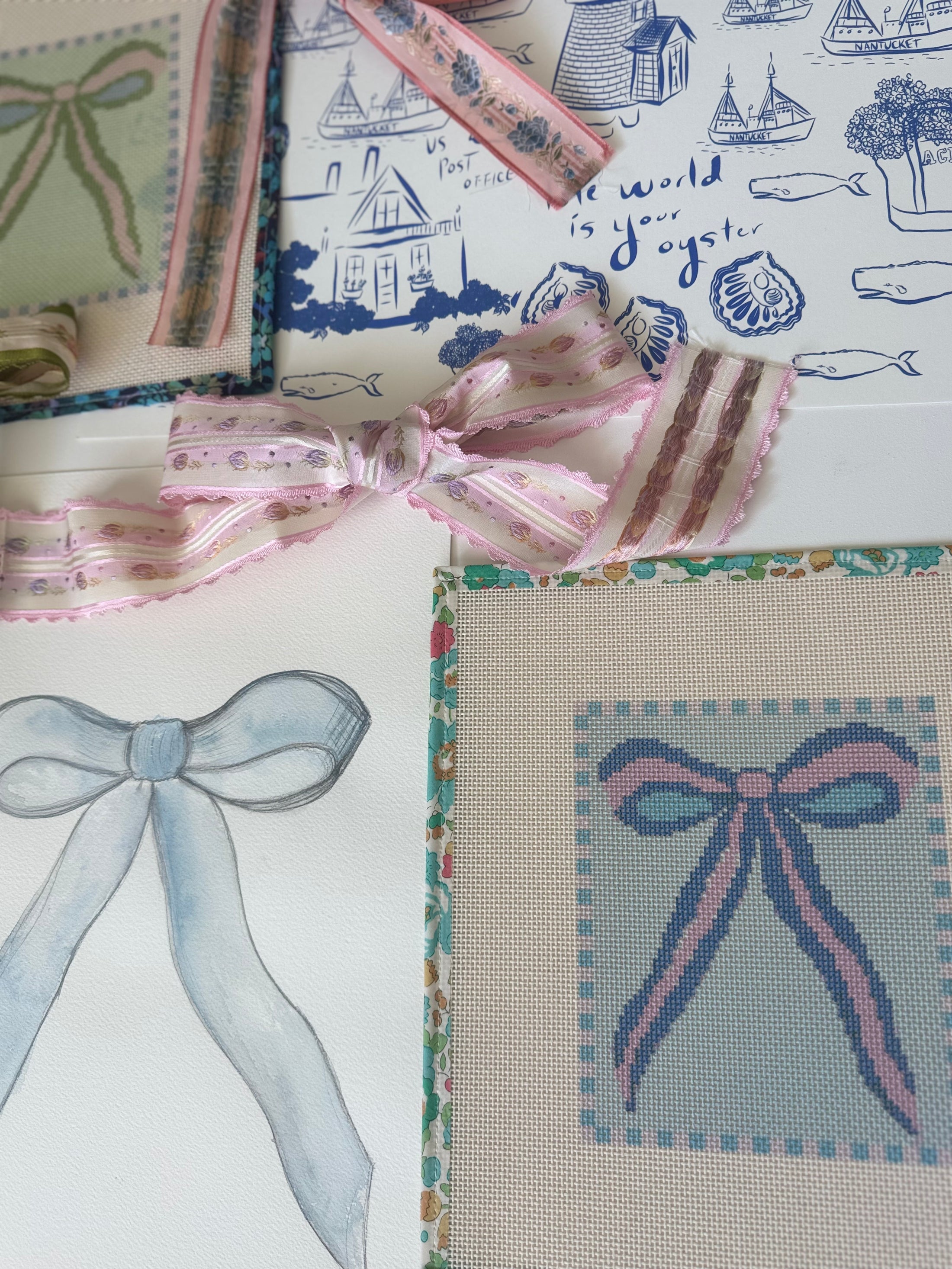 Blue and Pink Bow Needlepoint Canvas 13 Bow Zweigart Mono Deluxe Mesh Embroidery with finished Liberty of London fabric on the edges