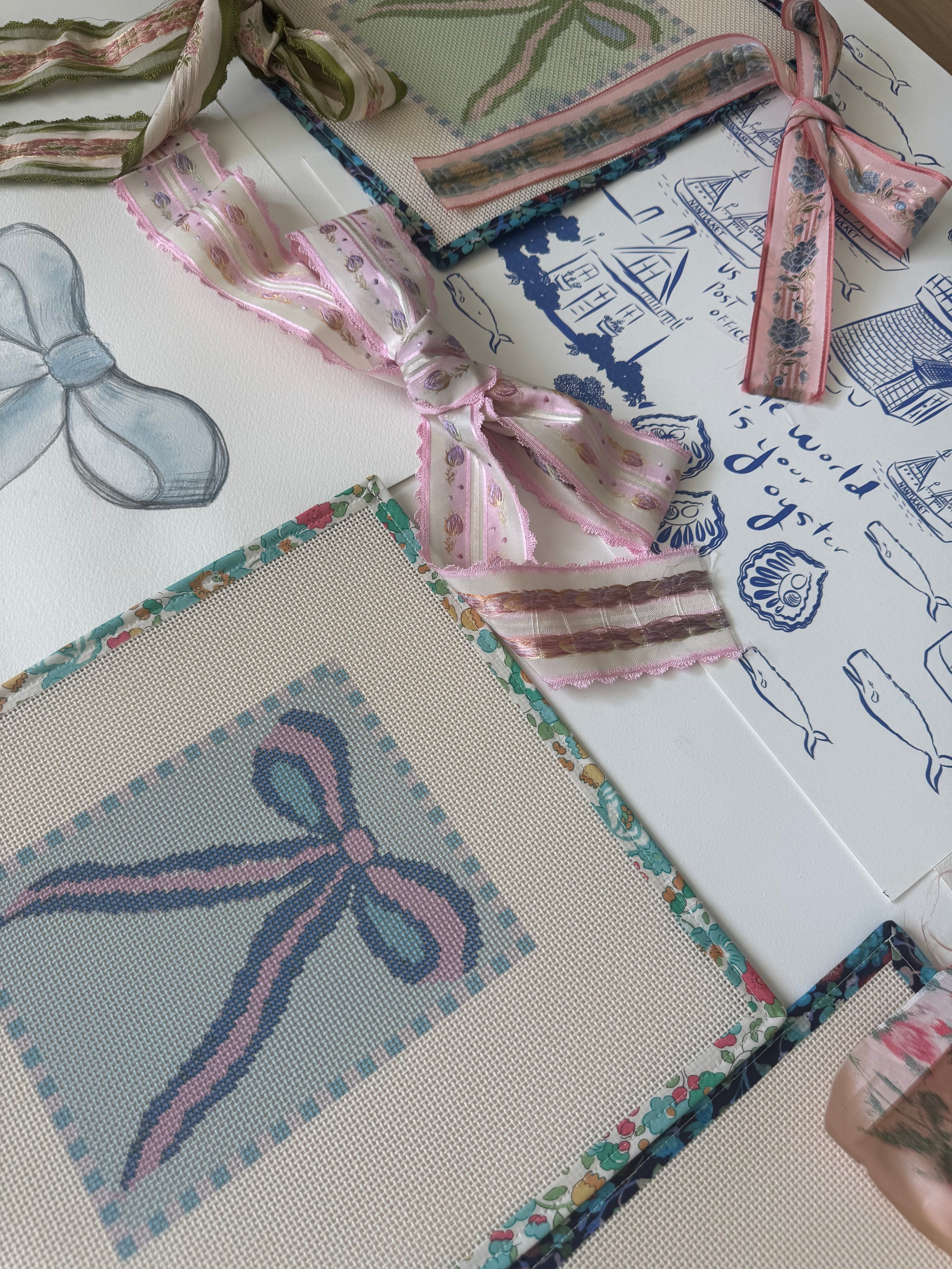 Blue and Pink Bow Needlepoint Canvas 13 Bow Zweigart Mono Deluxe Mesh Embroidery with finished Liberty of London fabric on the edges