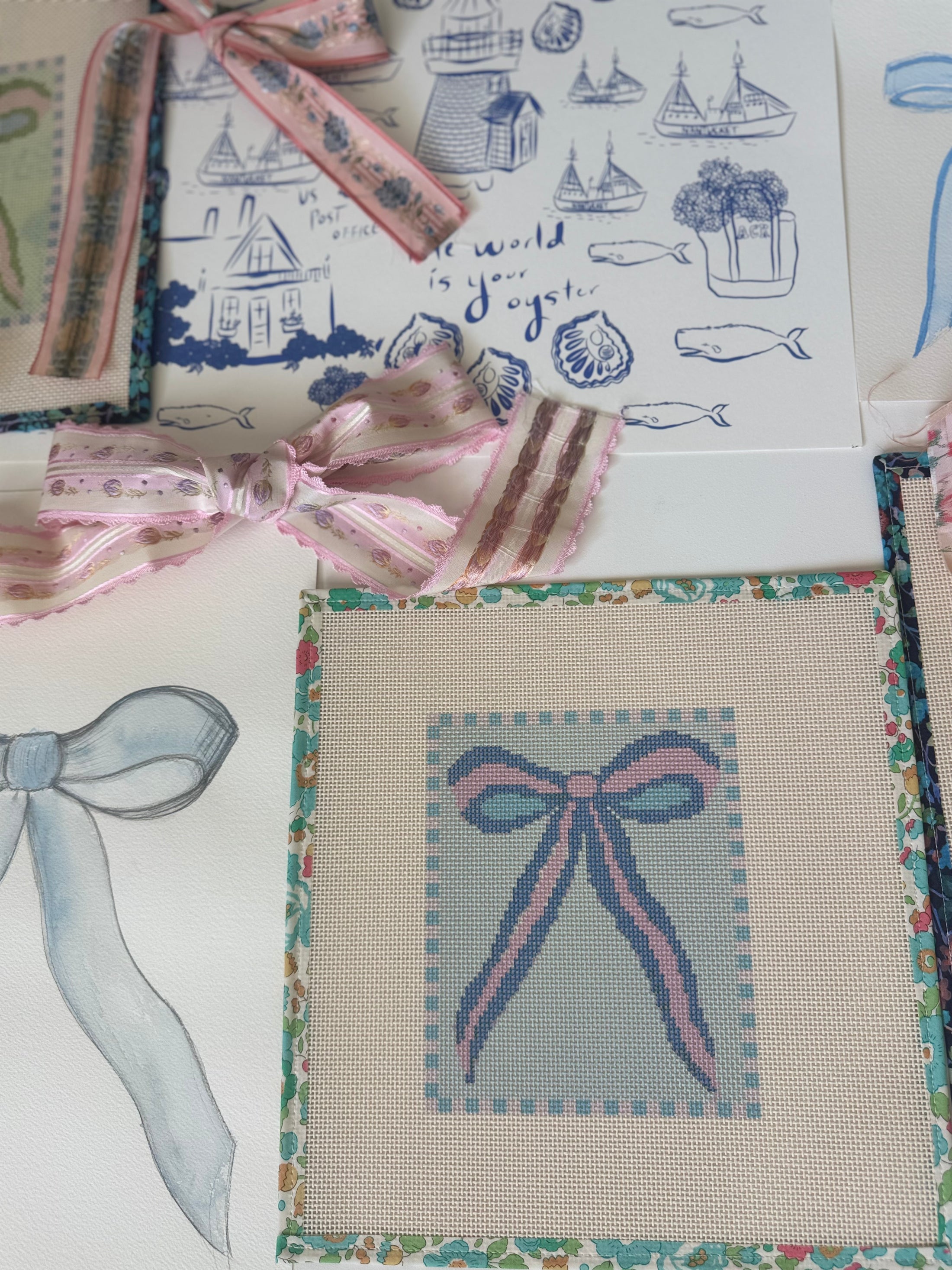 Blue and Pink Bow Needlepoint Canvas 13 Bow Zweigart Mono Deluxe Mesh Embroidery with finished Liberty of London fabric on the edges