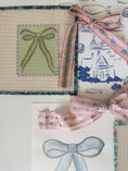 Load image into Gallery viewer, Mint Green and Pink Bow Needlepoint Canvas 13 Bow Zweigart Mono Deluxe Mesh Embroidery with finished Liberty of London fabric on the edges
