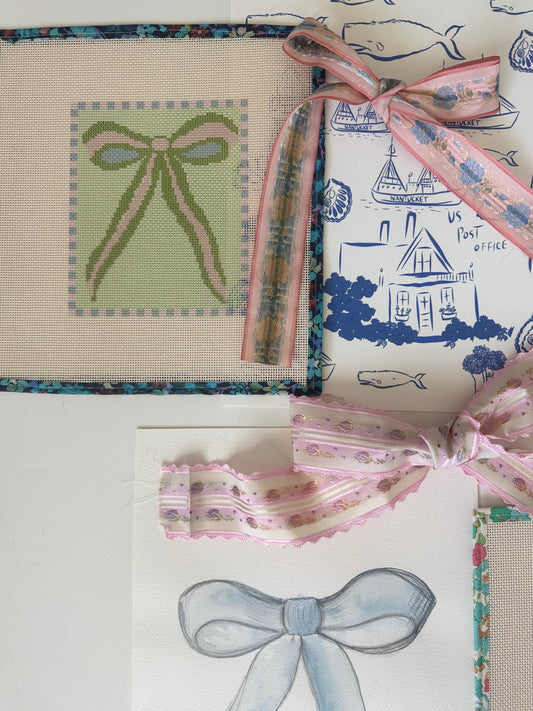 Mint Green and Pink Bow Needlepoint Canvas 13 Bow Zweigart Mono Deluxe Mesh Embroidery with finished Liberty of London fabric on the edges