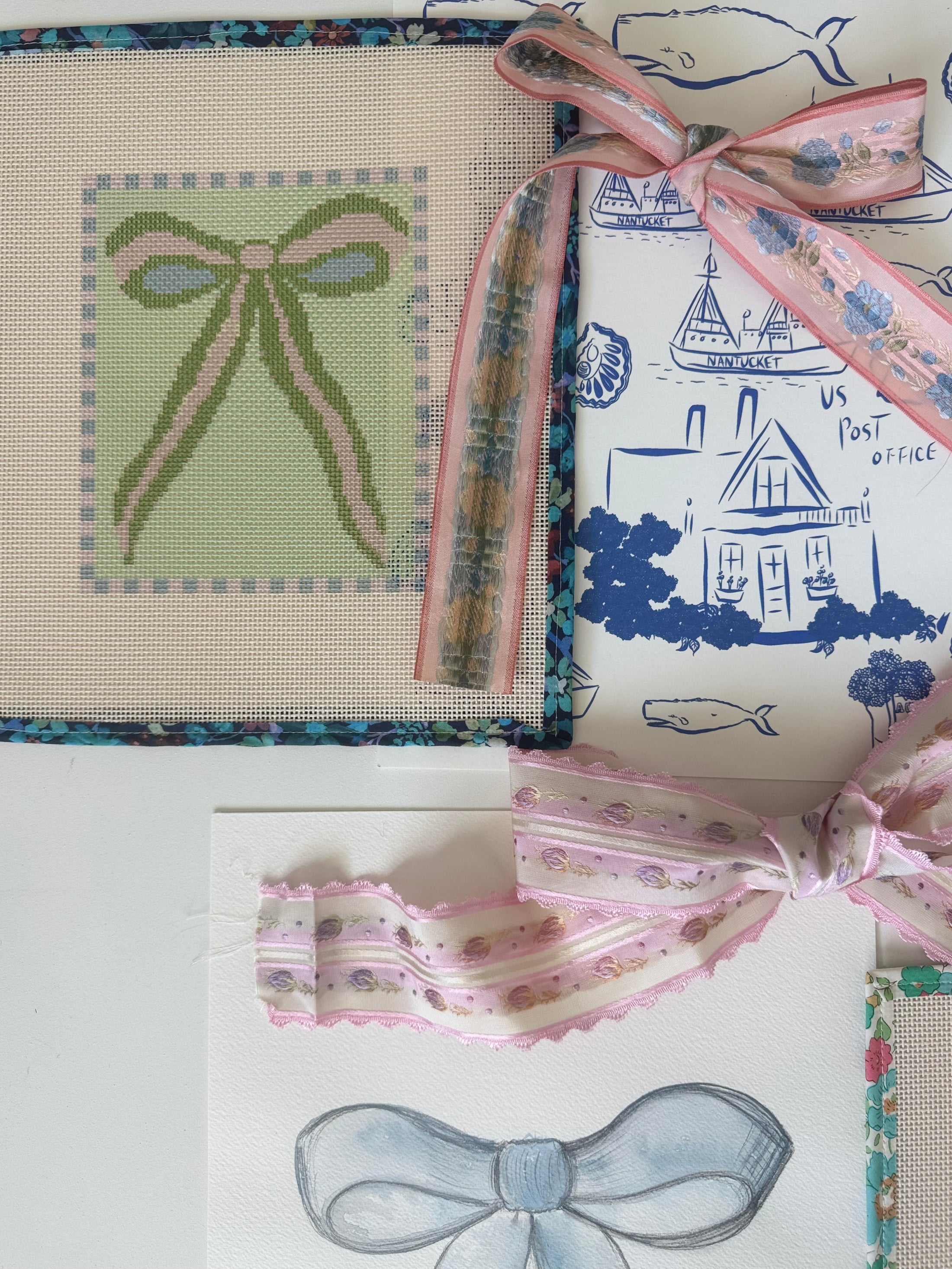 Mint Green and Pink Bow Needlepoint Canvas 13 Bow Zweigart Mono Deluxe Mesh Embroidery with finished Liberty of London fabric on the edges