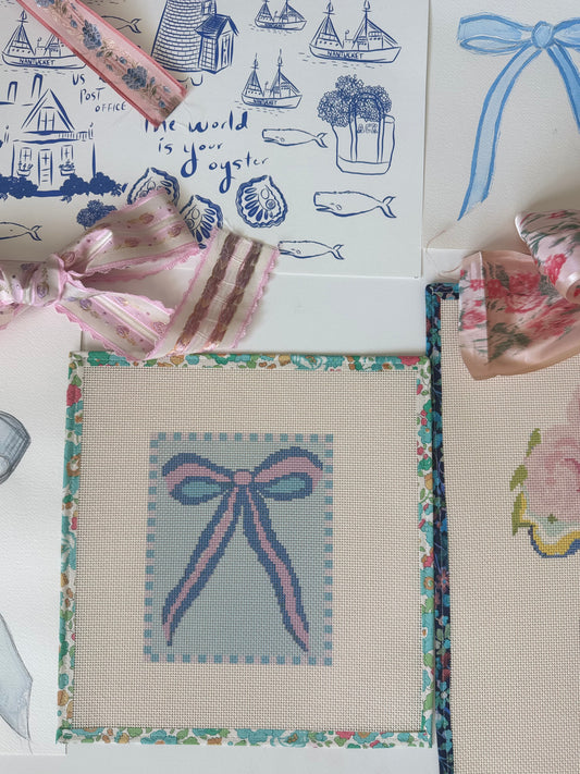 Blue and Pink Bow Needlepoint Canvas 13 Bow Zweigart Mono Deluxe Mesh Embroidery with finished Liberty of London fabric on the edges