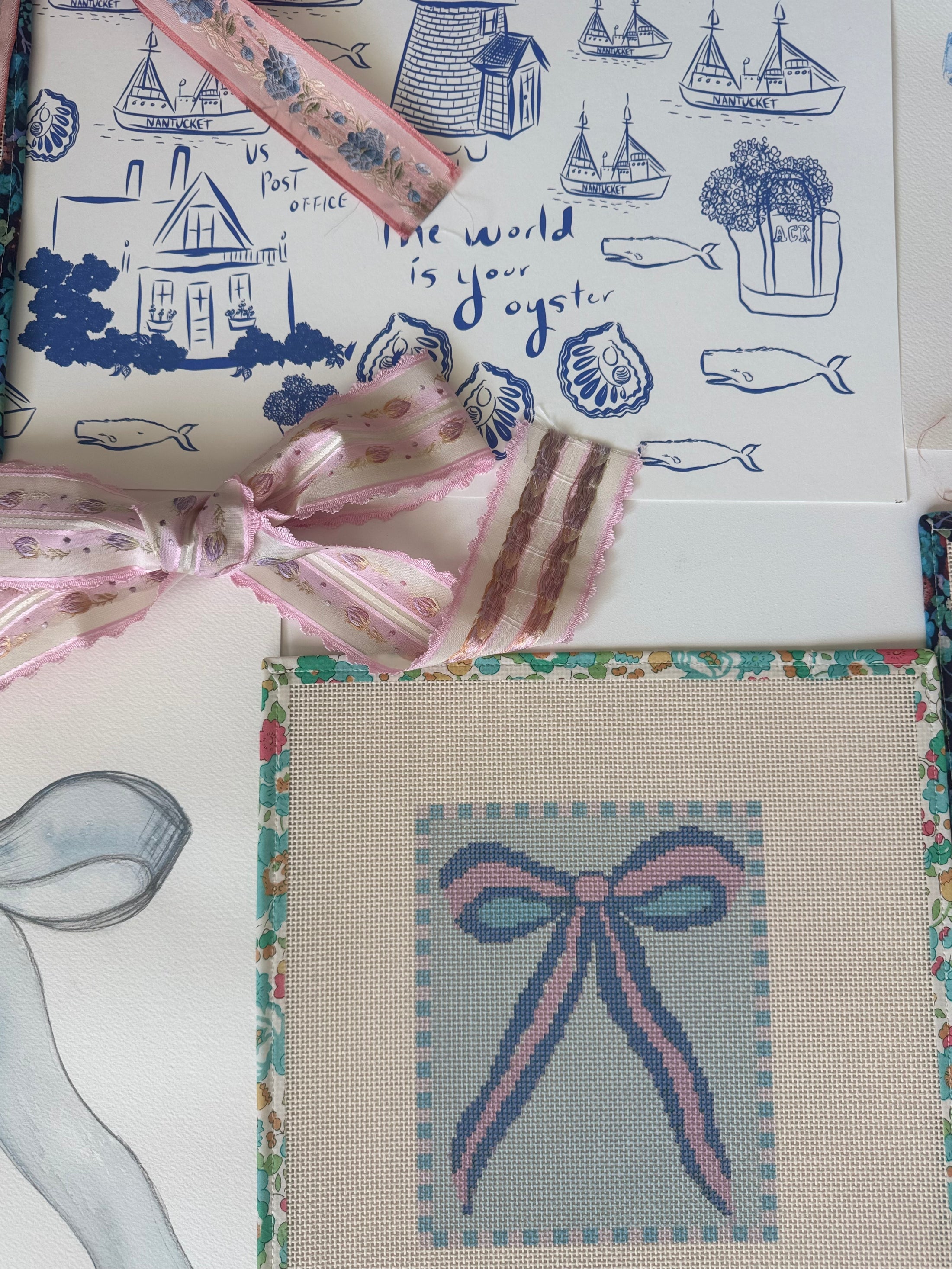 Blue and Pink Bow Needlepoint Canvas 13 Bow Zweigart Mono Deluxe Mesh Embroidery with finished Liberty of London fabric on the edges