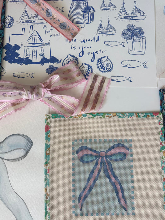 Blue and Pink Bow Needlepoint Canvas 13 Bow Zweigart Mono Deluxe Mesh Embroidery with finished Liberty of London fabric on the edges