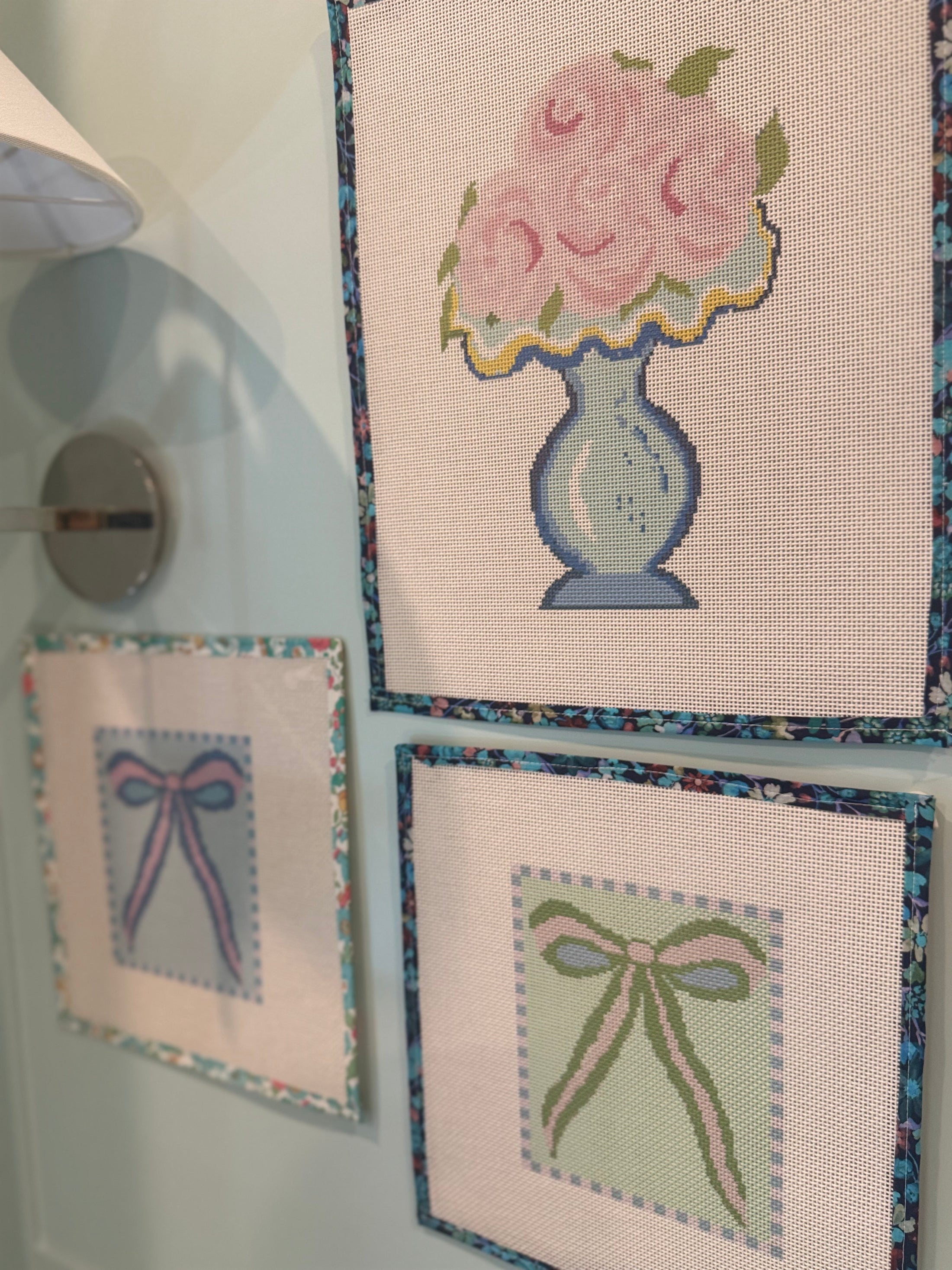 Mint Green and Pink Bow Needlepoint Canvas 13 Bow Zweigart Mono Deluxe Mesh Embroidery with finished Liberty of London fabric on the edges