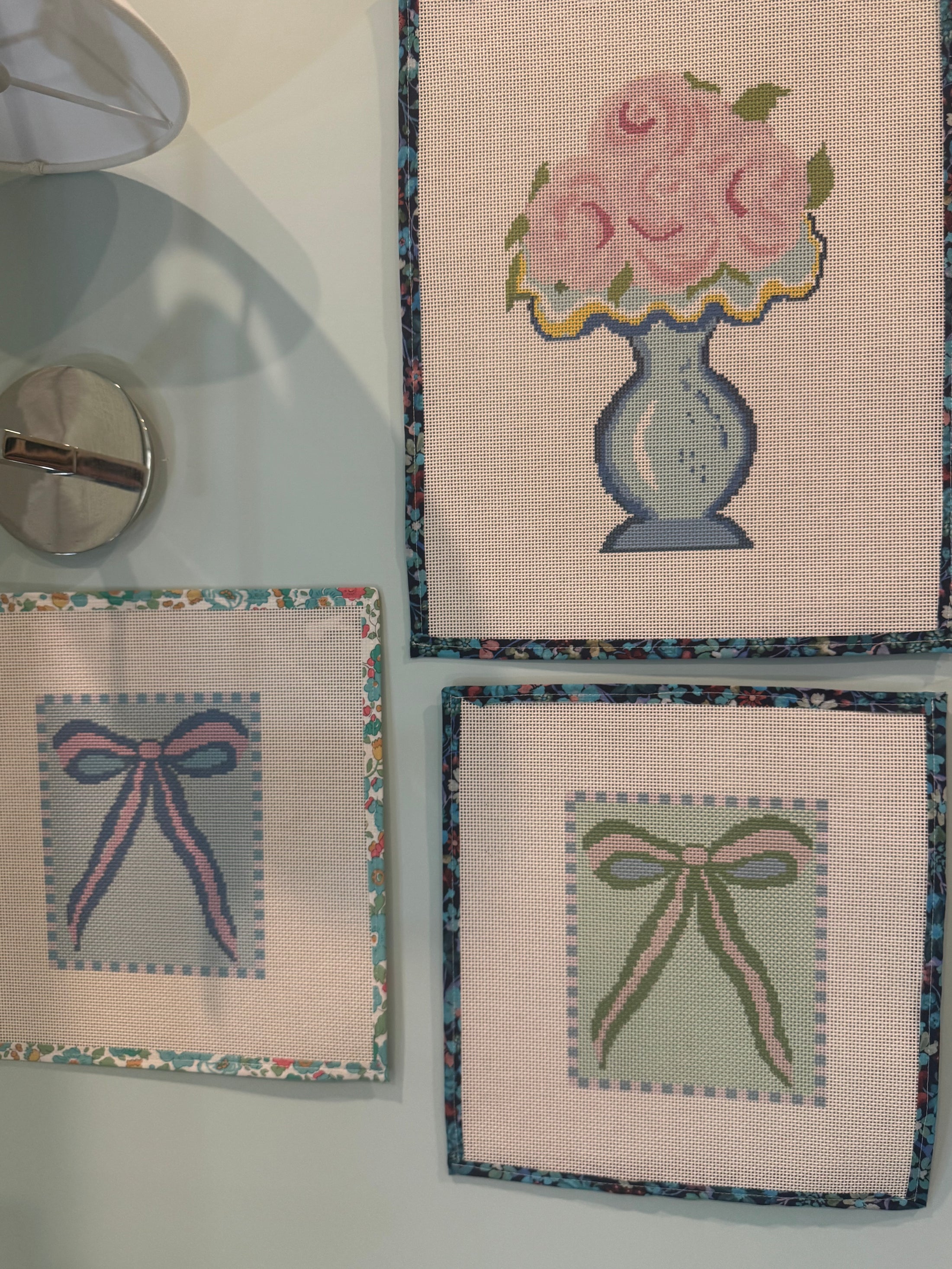 Blue and Pink Bow Needlepoint Canvas 13 Bow Zweigart Mono Deluxe Mesh Embroidery with finished Liberty of London fabric on the edges