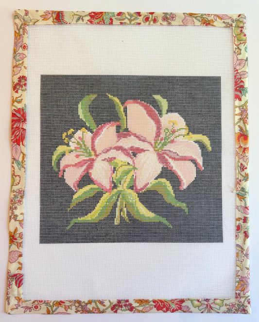 Maui Hawaii Lilies Needlepoint Canvas 18 Zweigart Mono Deluxe Mesh Embroidery finished Liberty of London fabric on the edges ready to ship