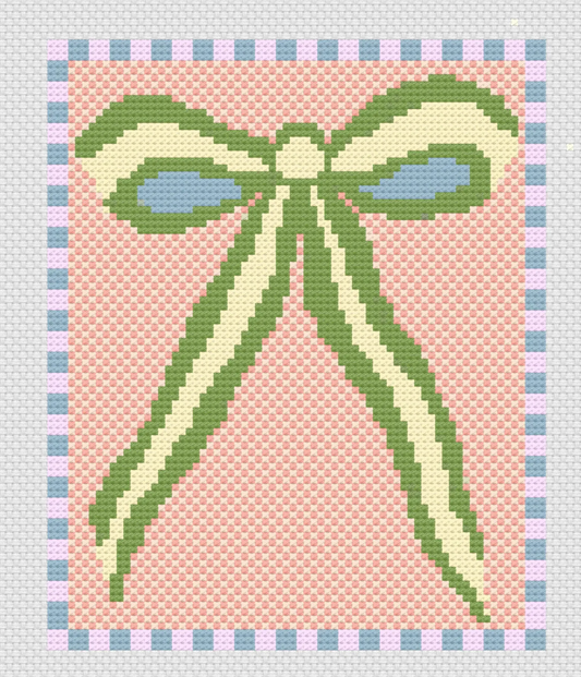 Green Peach Bow Needlepoint Canvas 13 Bow Zweigart Mono Deluxe Mesh Embroidery with finished Liberty of London fabric on the edges