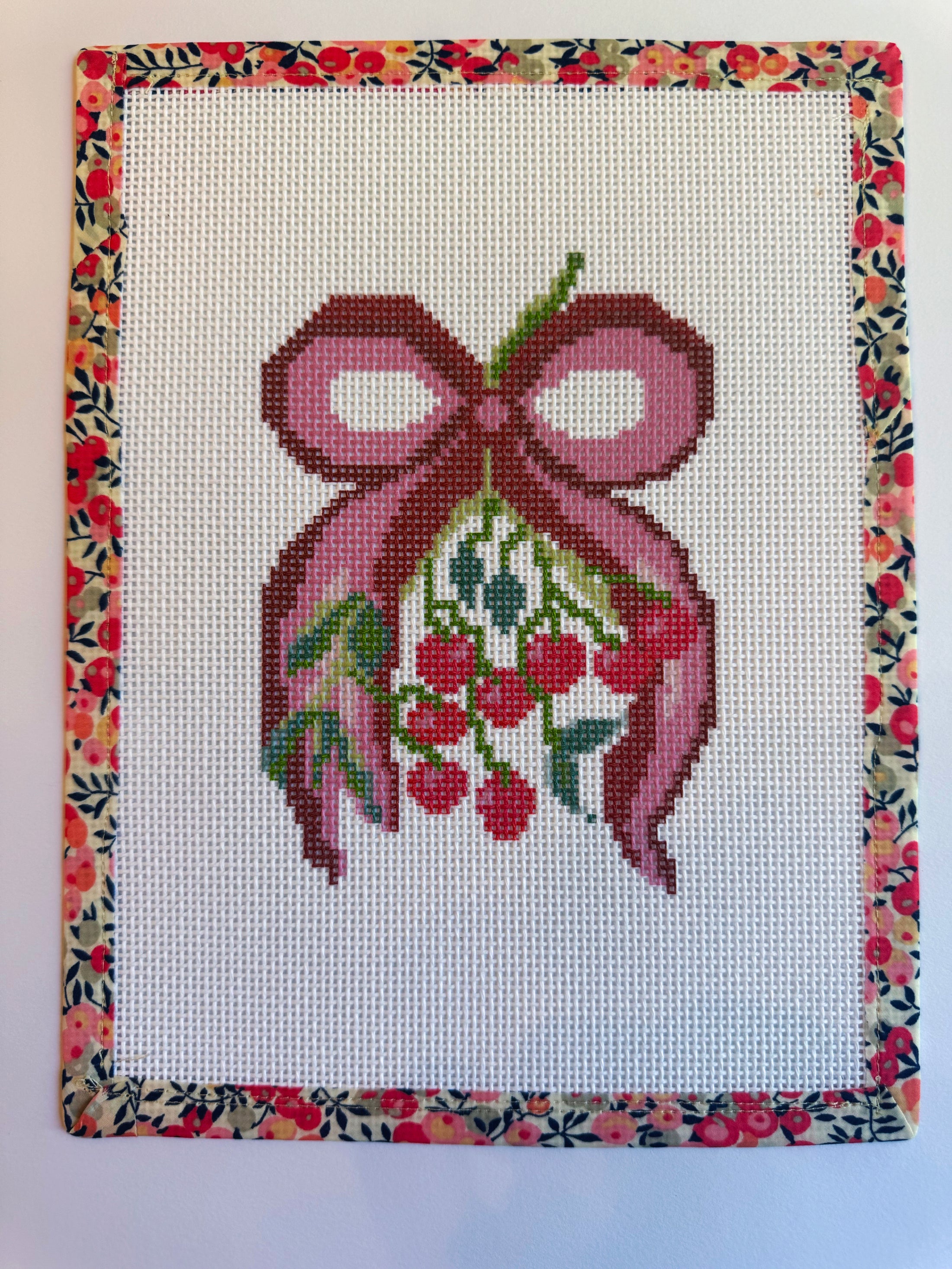 Bow of Cherries Needlepoint Canvas 13 Zweigart Mono Deluxe Mesh Embroidery finished Liberty of London fabric on the edges