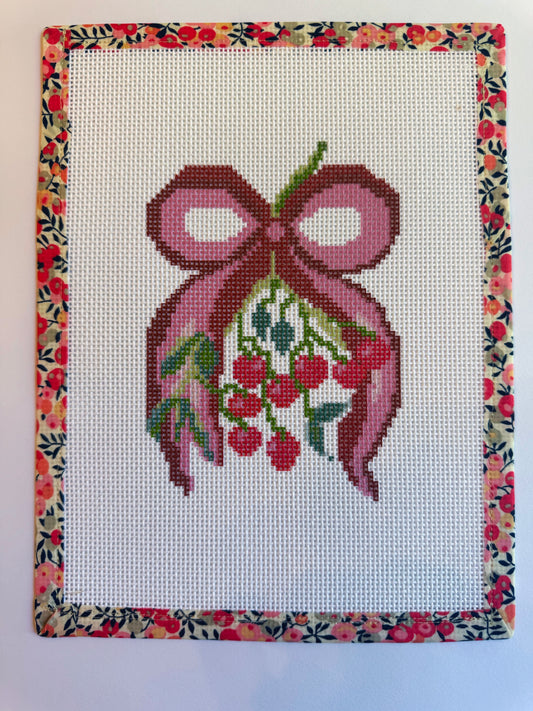 Bow of Cherries Needlepoint Canvas 13 Zweigart Mono Deluxe Mesh Embroidery finished Liberty of London fabric on the edges