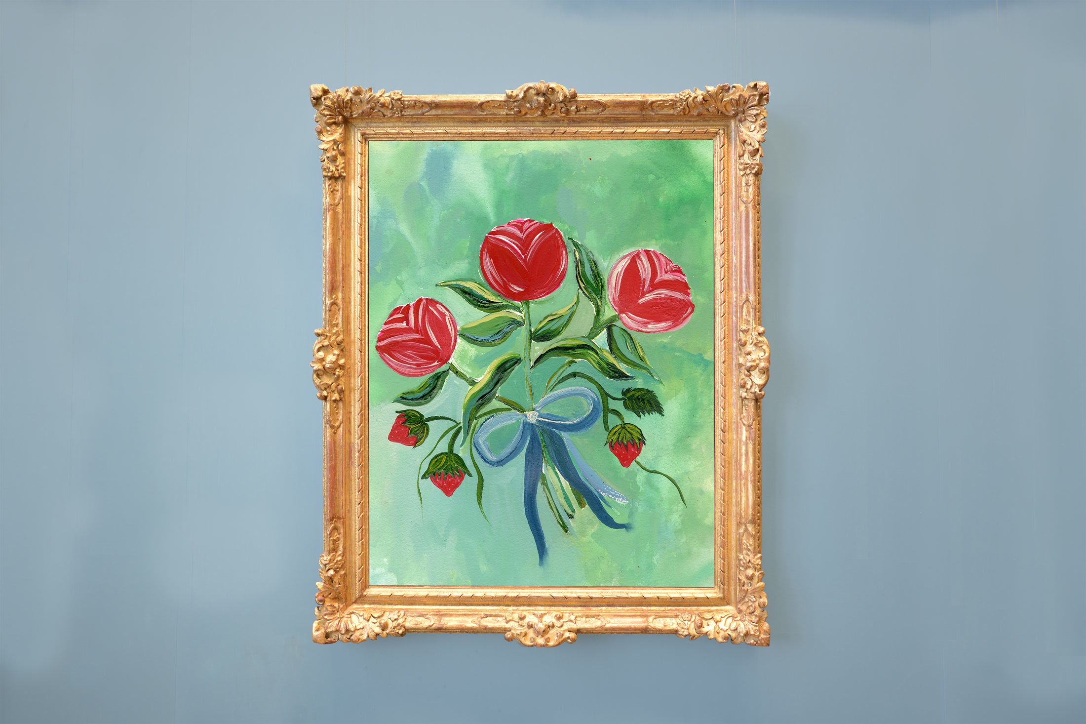 Vintage Folk Art Lyrical Strawberies and Red Roses Print