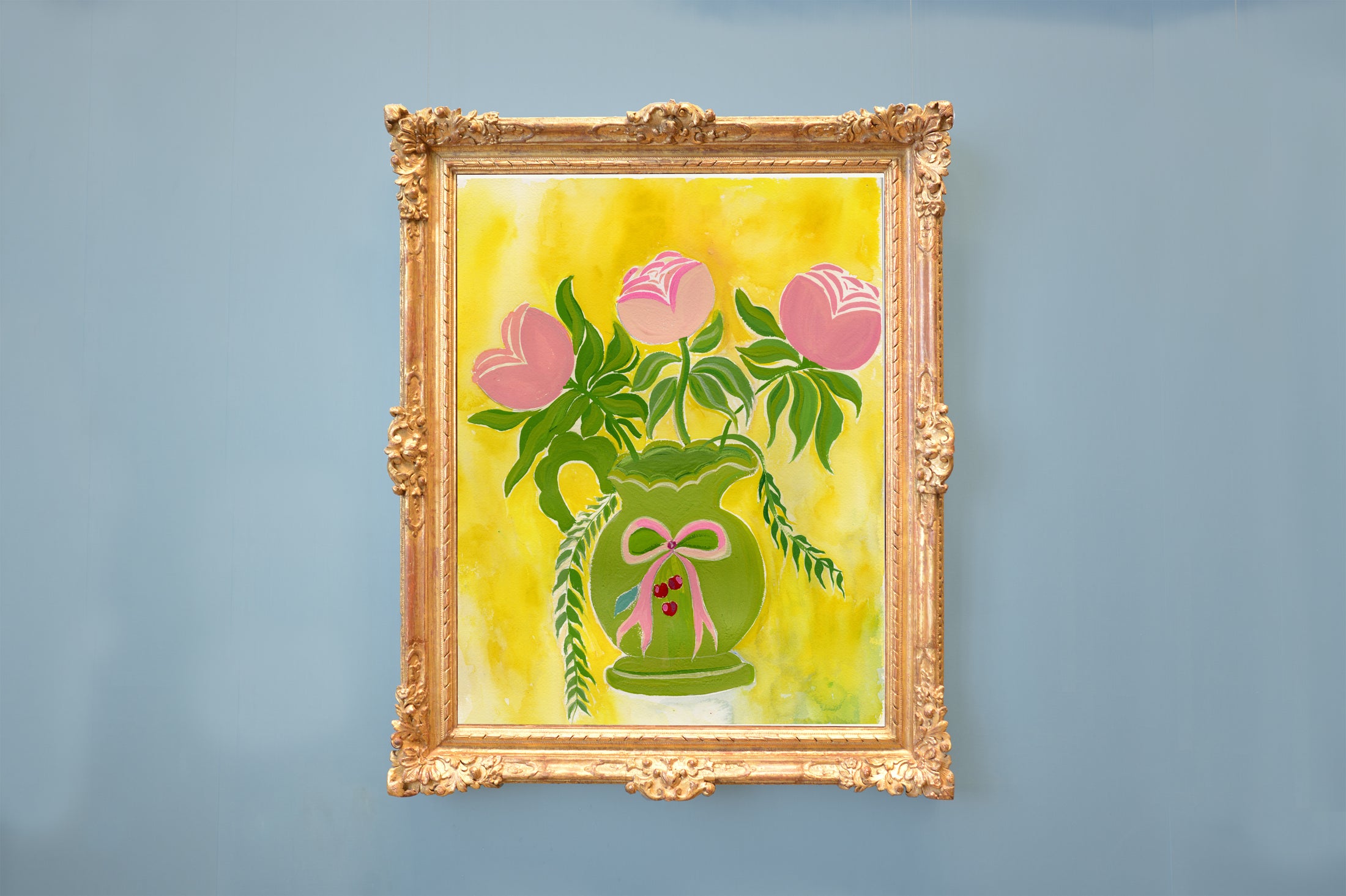 Vintage Folk Art Pink Roses and Green Vase Print