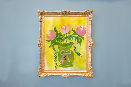 Vintage Folk Art Pink Roses and Green Vase Print
