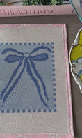 Load and play video in Gallery viewer, Blue Bow Needlepoint Canvas 13 Bow Zweigart Mono Deluxe Mesh Embroidery with finished Liberty of London fabric on the edges (Copy)
