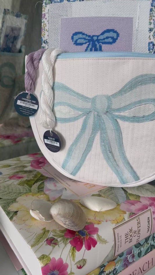 Blue Bow Needlepoint Canvas Thread Pouch Bag