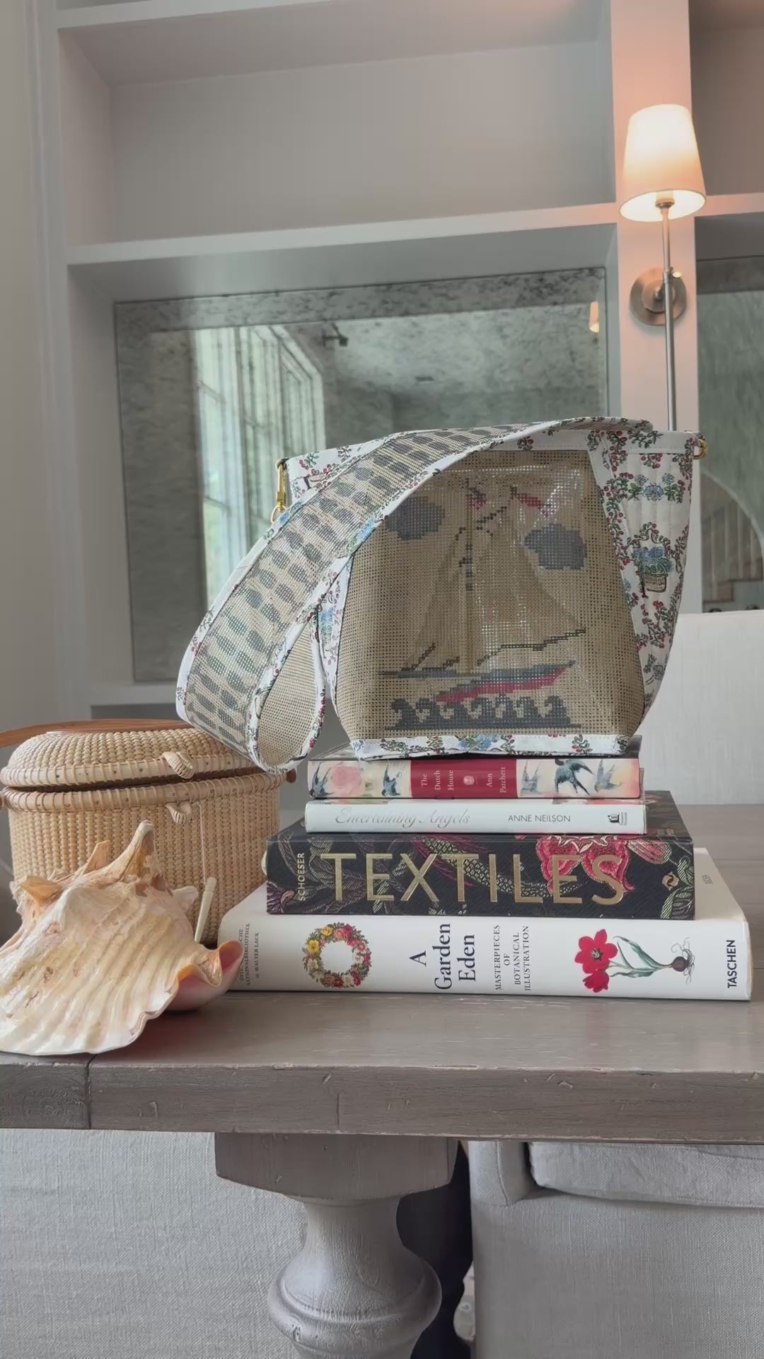 Custom Artisan made luxury Nantucket Self Finishing Needlepoint Handbag with a needlepoint artisan whale strap that is removable and a sailboat needlepoint canvas