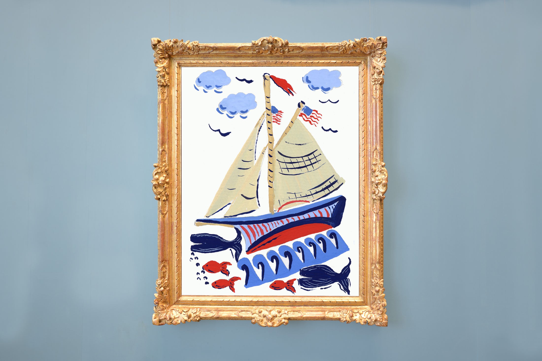 Vintage Nantucket Folk Art Sailboat and Fish Whaling Art Print