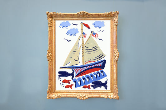 Vintage Nantucket Folk Art Sailboat and Fish Whaling Art Print