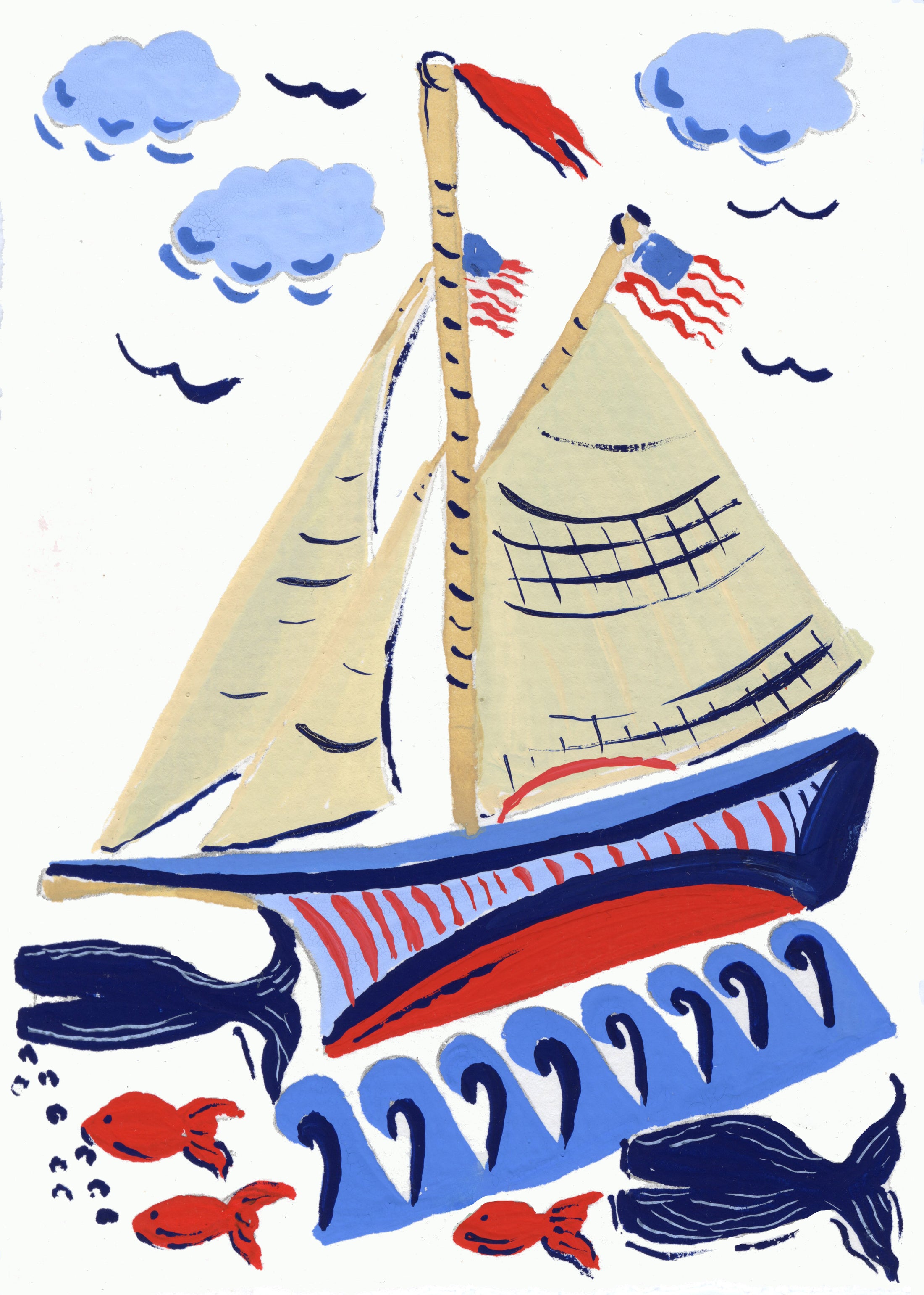 Vintage Nantucket Folk Art Sailboat and Fish Whaling Art Print
