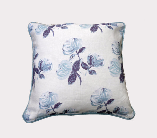 Vintage Painterly Rose Antiqued Blue Pillow