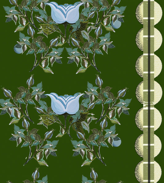 English Moon Rose Garden Fabric Blue Green Fabric