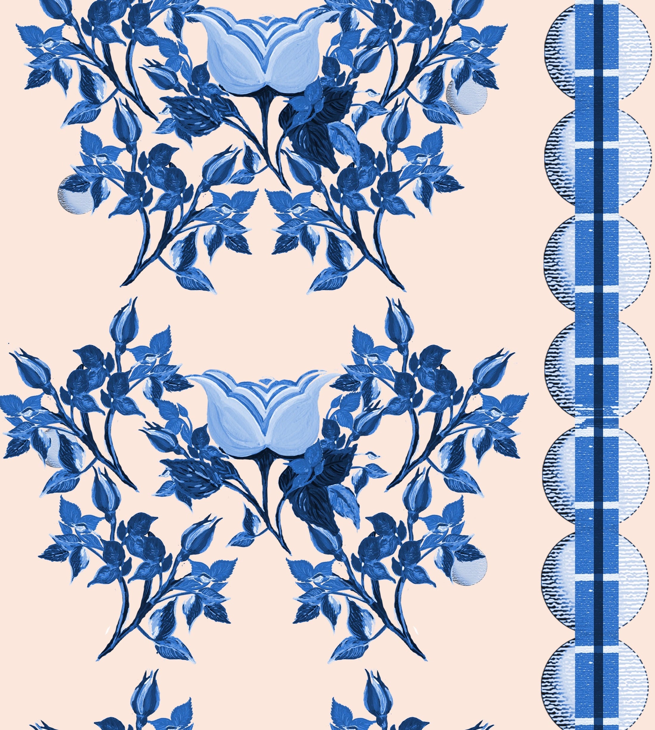 English Moon Rose Garden Fabric Peach Blue