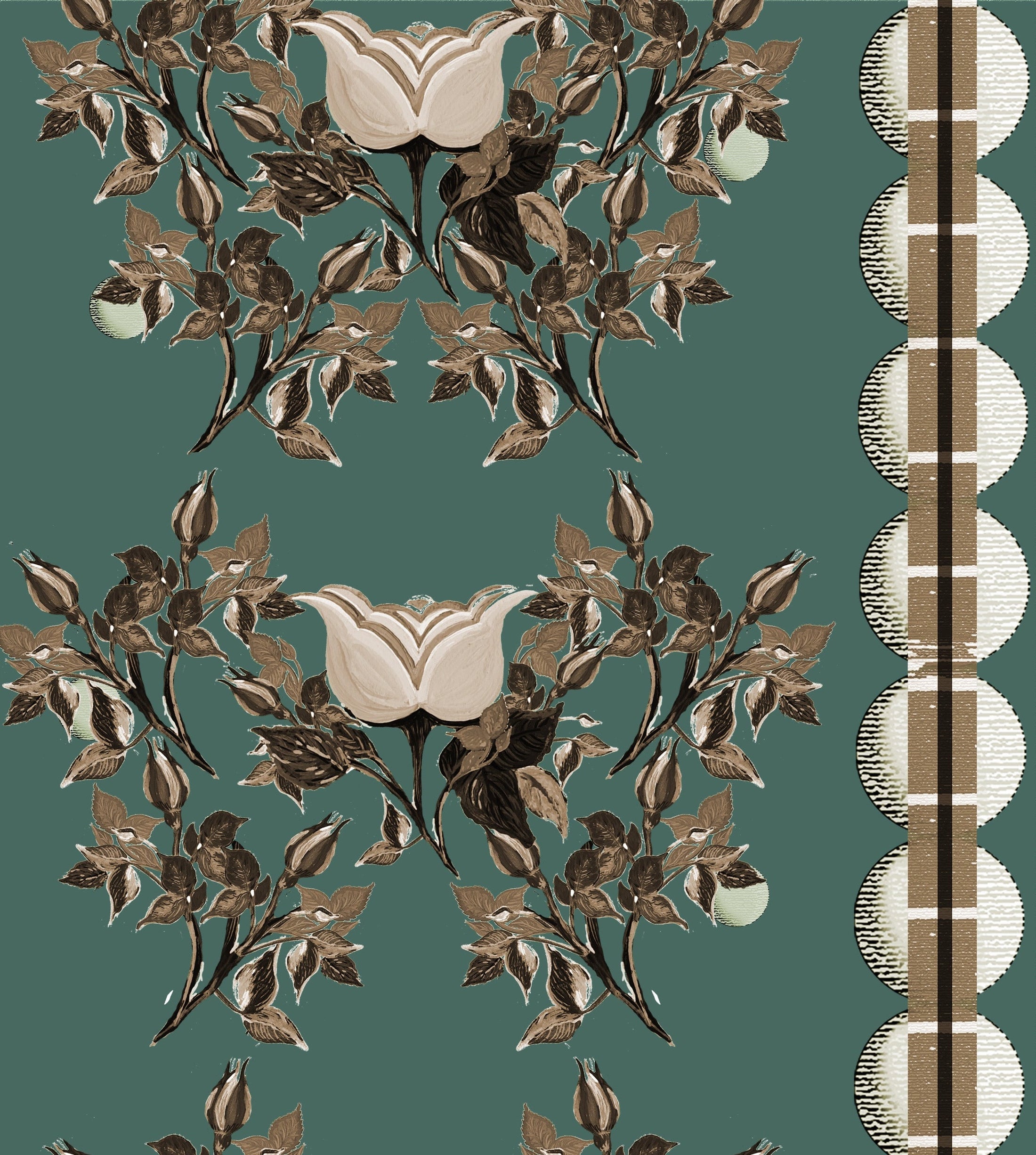 English Moon Rose Garden Fabric Green Brown